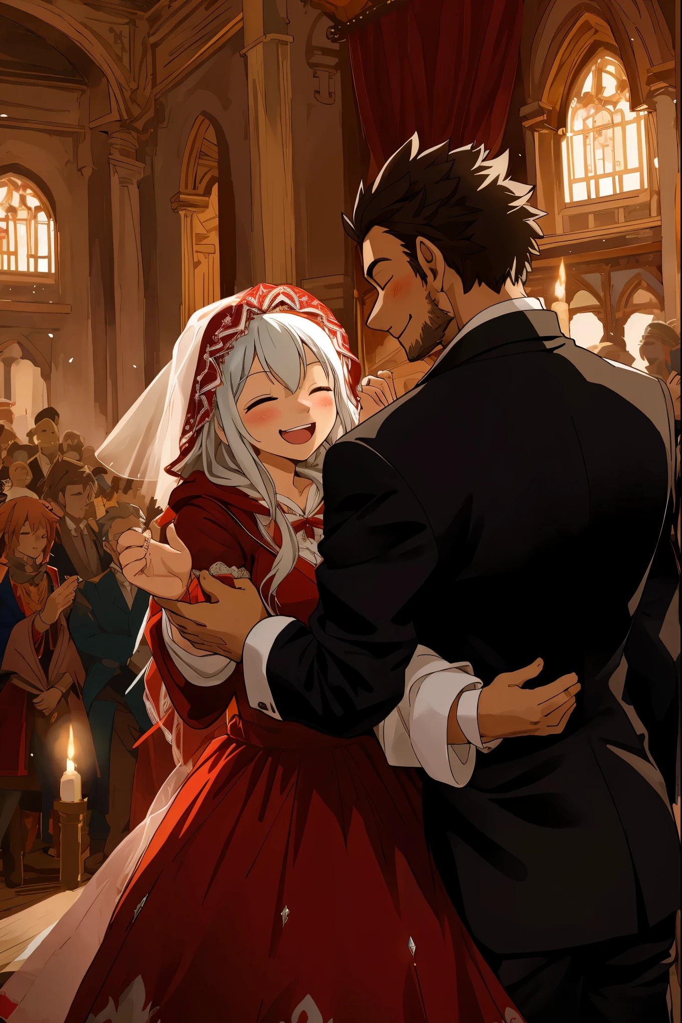 cover_page, Fairy Tail wedding scene, Little Red Riding Hood Wedding with the Wolf, Beautifully dressed old lady in the background, Uncle of a hunter in a stylish suit, Clapping hands in joy and celebrating, Romantic and dreamy atmosphere, Ceremony in a lavishly decorated venue,