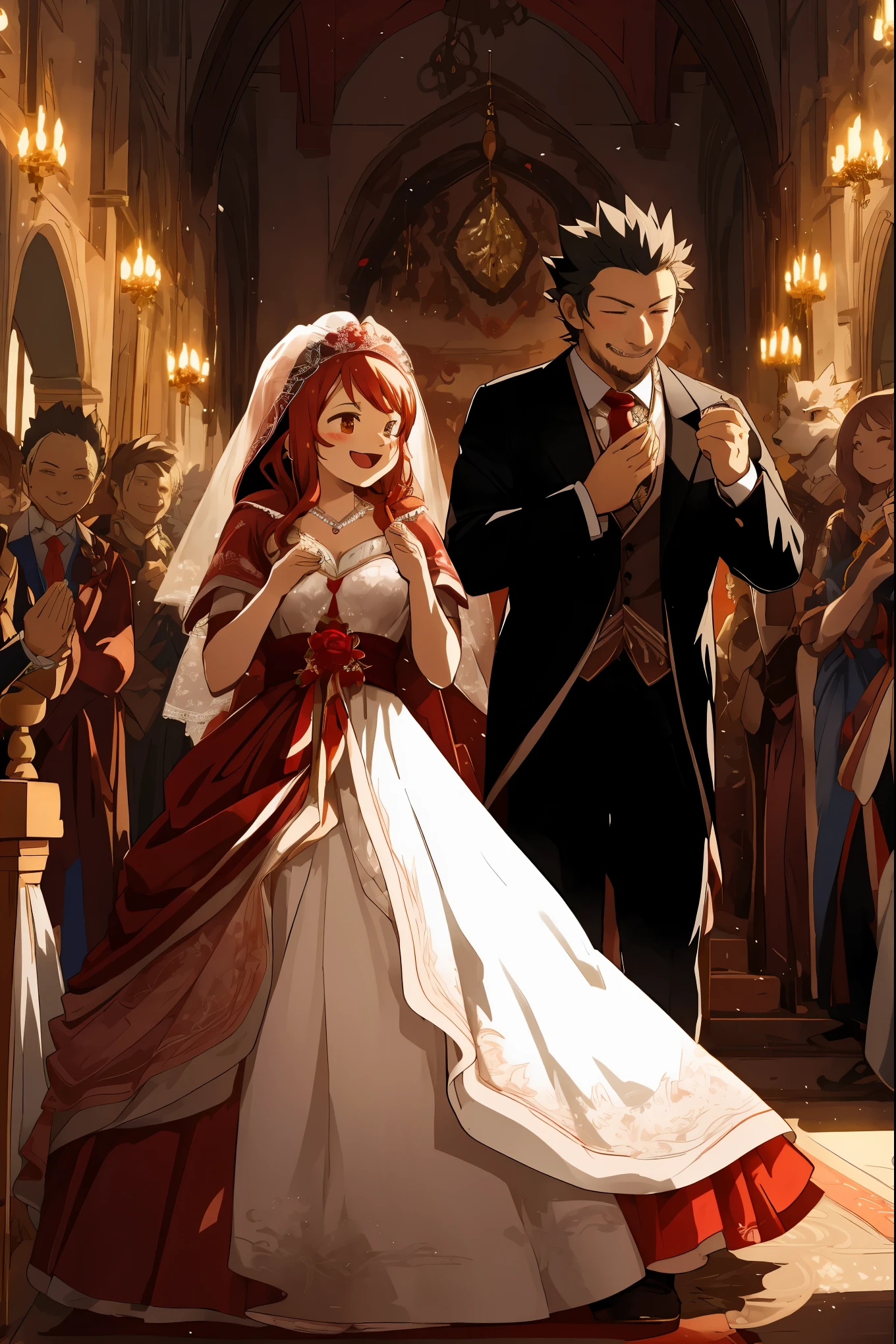 cover_page, Fairy Tail wedding scene, Little Red Riding Hood Wedding with the Wolf, Beautifully dressed old lady in the background, Uncle of a hunter in a stylish suit, Clapping hands in joy and celebrating, Romantic and dreamy atmosphere, Ceremony in a lavishly decorated venue,