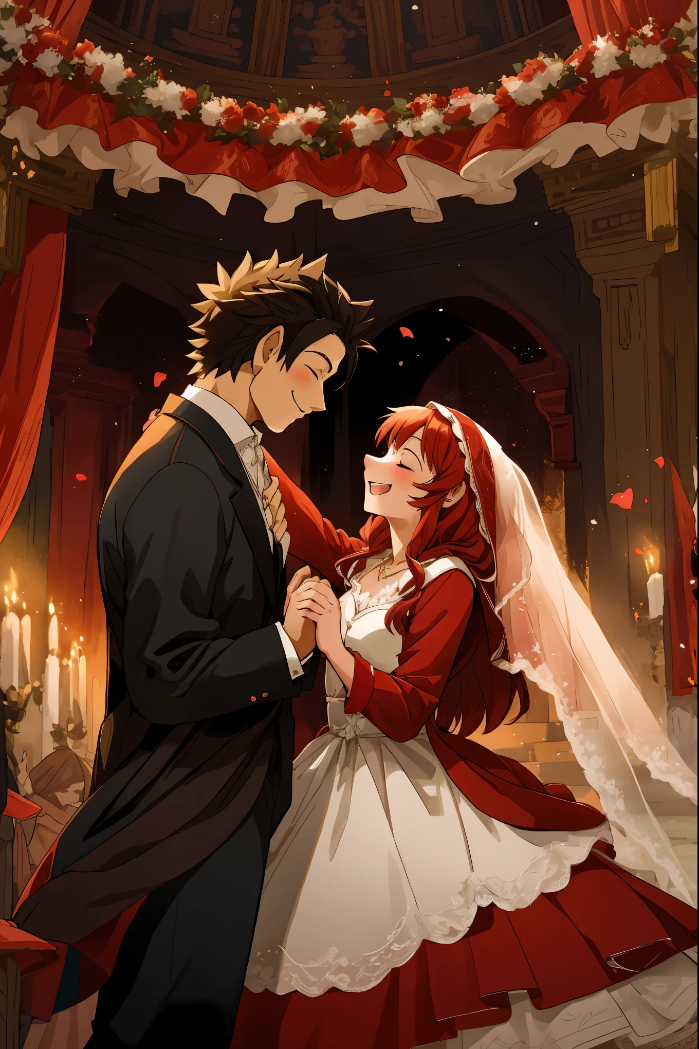 cover_page, Fairy Tail wedding scene, Little Red Riding Hood Wedding with the Wolf, Beautifully dressed old lady in the background, Uncle of a hunter in a stylish suit, Clapping hands in joy and celebrating, Romantic and dreamy atmosphere, Ceremony in a lavishly decorated venue,
