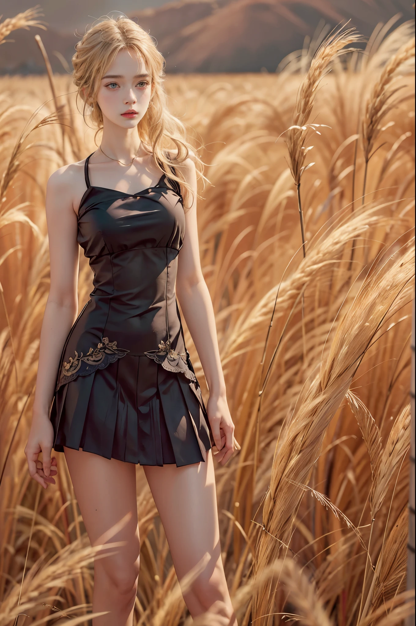 masterpiece, best quality, high quality, High definition, High quality texture, High quality shadow, high detail, beautiful detailed, finely detailed, extremely detailed cg, detailed texture, a realistic representation of the face, realistic, colorful, delicate, sharp focus, (intricate details, makeup, PureErosFace_V1:0.5), (detailed beautiful delicate face, detailed beautiful delicate eyes, a face of perfect proportion, high detailed skin, detailed skin, best ratio four finger and one thumb, skiny and thin:1.3), 1girl, 17 years old, tall, (smooth_abs:1.55), (abs:0.5), pretty, masterpiece, highres, (long_skinny_legs), (straight_legs), (skinny_waist), (((fair skin))), white skin, (((pale skin))), (Emma_watson), big_breast, (((Caucasian))), Light blonde hair, orange Bandeau, orange short pleated skirt, ((loose fitting clothes, big clothes)), standing legs apart, looking at viewer, full body, portrait of cute blonde girl, standing on a wheat field (((looking away))), bloom, orange fog, motion, wispy hair, realism, high-quality rendering, stunning art, high quality, film grain, Fujifilm XT3, dreamy