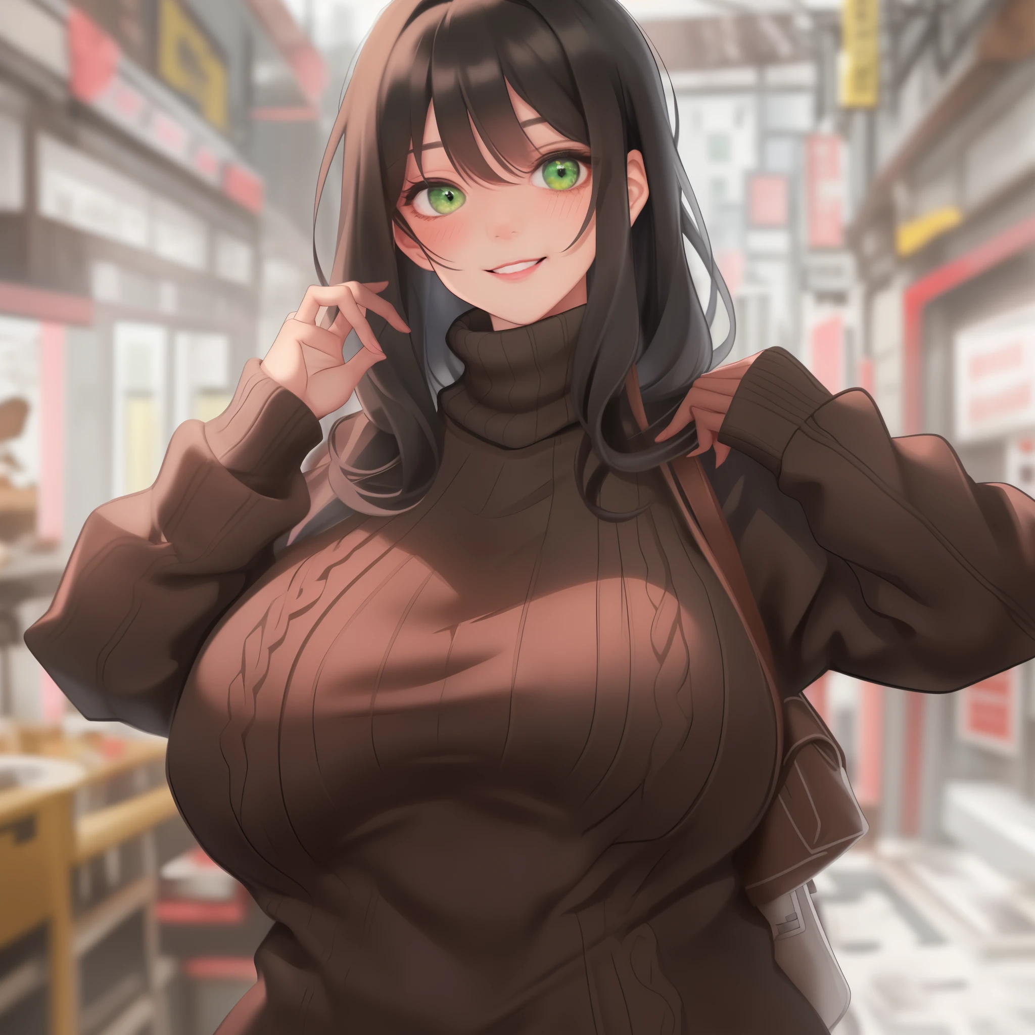 1girl, breasts, green_eyes, sweater, smile, solo, looking_at_viewer, long_hair, turtleneck_sweater, turtleneck, bangs, black_sweater, black_hair, long_sleeves, bag, blush