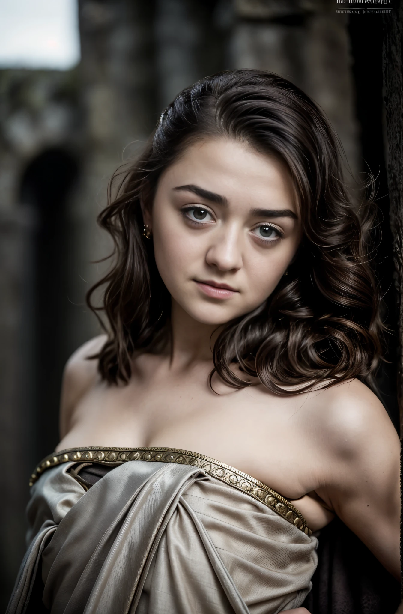 Foto RAW, RAW photograph of Maisie Williams, Arya Stark, Extremely gorgeous lady, Arya Stark PLAYED BY MAISIE WILLIAMS, Queen Arya Stark, she  a mature woman now, milf, sexy mediaeval battle dress, gladiator woman, body, 40 years old Woman, body revealing costumes, perky breast, skin pores, big natural breast, erotic costumes, lusty physique, seductive figure can capture every people's attention, Game of thrones costumes, revealing captivating figure, Mediaeval costumes, revealing clothes, A tomboy, she would rather fence than dance, warrior queen , game of thrones screen caps, Game of Thrones Series, (pele altamente detalhada: 1.2), 8k UHD, DSLR, soft-lighting, alta qualidade, grain of film, Fujifilm XT3, flawless picture, highly detailed, detailed Beauty, intricate, 32k, sharp picture,