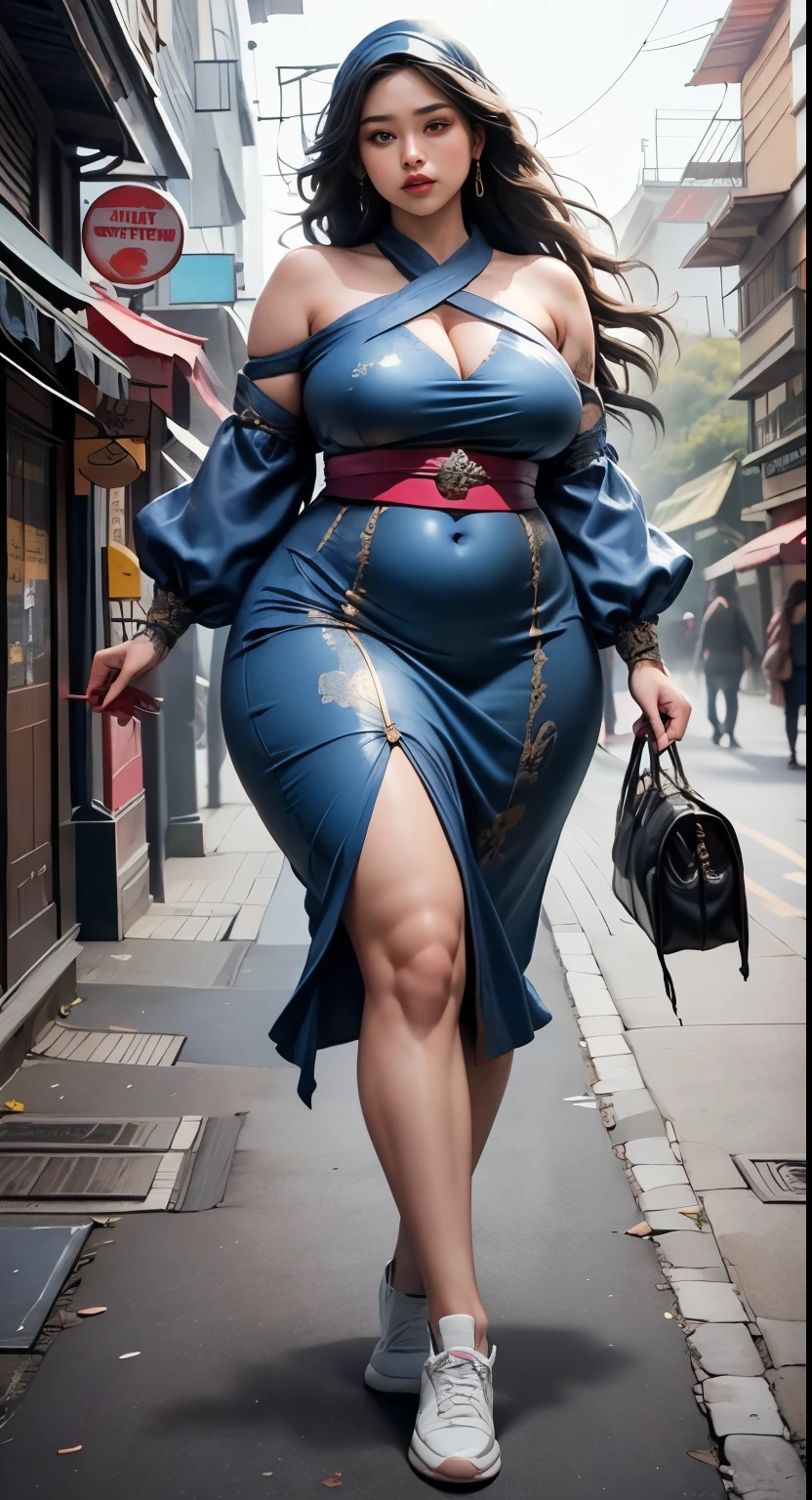 ((best quality)), ((masterpiece)), (detailed), perfect face, araffe woman in a dark-blue dress walking down a street, thicc, she has a jiggly fat round belly, bbwchan, wearing dress, skinny waist and thick hips, widest hips, her belly is fat and round, soft curvy shape, hyperrealistic full figure, wearing a cute dress , wide hips, cropped shoulders，Bare belly,(big assa:0.7),show legs,, thicc, beautiful thick female, beautiful curvy female,, Tall and tall，clear curvy details, curvy hourglass figure, alluring plus sized model, bbwchan, Voluptious body, Curvy model, Curvy body, Be red in the face, 1girll, a matural female, A MILF, the golden ratio,(Kpop idol),(Oil skin:0.72),(Oil skin:1.1), iremuzi tattoos on thighs, big tattoo on thighs, japanese goddess , korean Goddess , milky white skin, wearing hijab clothes, wearing sneakers , perfect face 