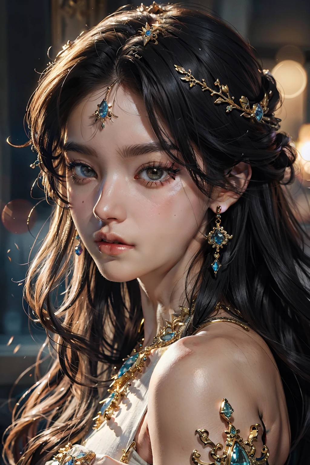 Masterpiece, photorealism, Facing Me, (other beautiful fantasy jewelry in her hair)
