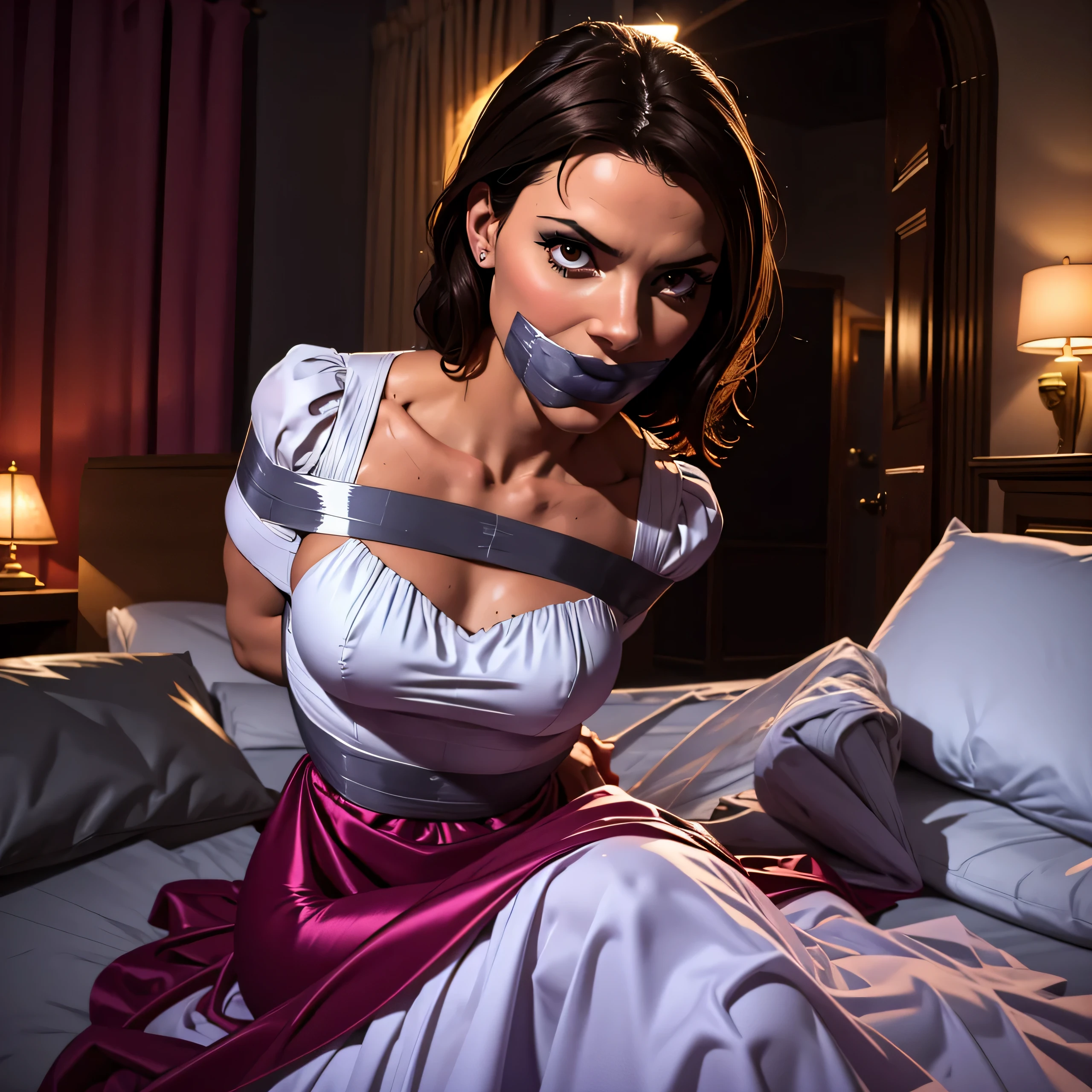 (bright lighting,romantic setting),bride captured, dreamy background,bondage,dark hair, mesmerizing gaze, , soft skin, alluring beauty, artistic portrait, high-quality image, vibrant colors, long silk gown, in the bed,tape bondage,tape gag, mosquito net