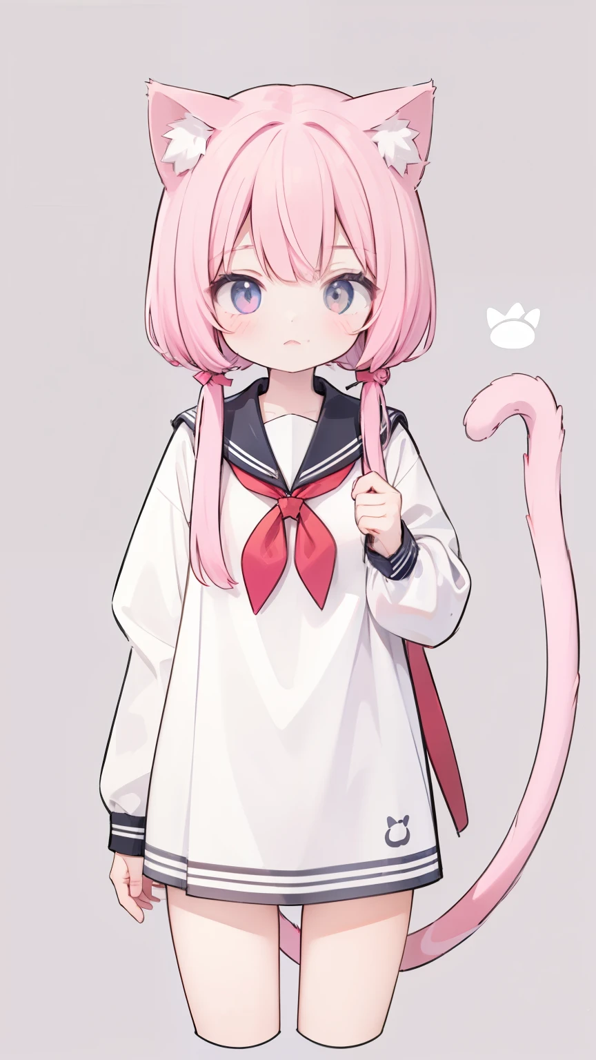 1 girl, Cat ears, cat tail, Sailor suit, stand，pink hair，simple background（Character parts disassembly reference picture）