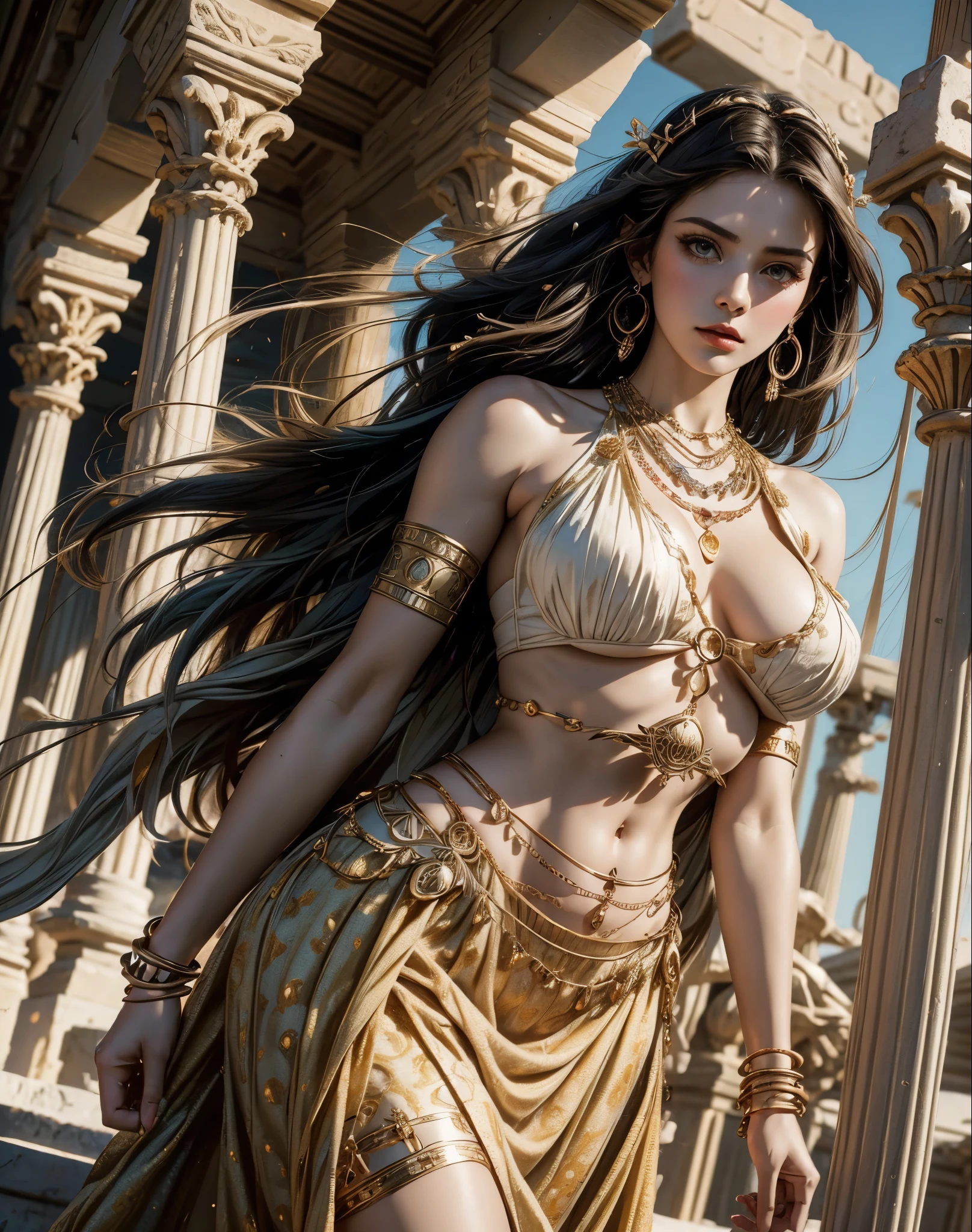 Illustration of a Minoan woman in historically accurate attire, showcasing the distinctive open-front dress that exposes the breasts, a symbol of fertility and goddess worship in Minoan culture. She wears a colorful, elaborately designed bell-shaped skirt with pleats, fringes, and Minoan patterns, paired with an intricately crafted gold necklace, armbands, bracelets, and anklets. Her attire includes a wide, ornately decorated belt to emphasize her waist and a sophisticated hairstyle adorned with ribbons and beads. The woman stands against the backdrop of ancient Crete's palace architecture, underlining the civilization's artistic and cultural richness. The image should capture vibrant colors and the art style inspired by Minoan frescoes, with high resolution and detailed, professional lighting to accentuate the textures of her clothing and jewelry. Aim for a wide angle shot to fully embrace the elegance and historical accuracy of her attire and setting, rendered in a digital illustration.
