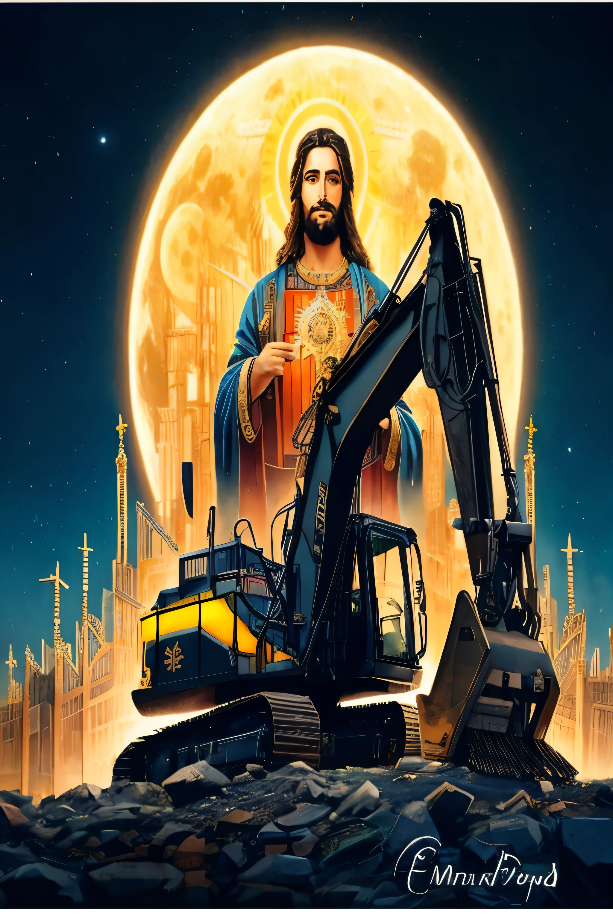 Jesus is on a construction machine in front of the full moon, gigachad jesus, jesus steampunk, Cyberpunk Jesus Cristo, Rei dos Reis, energia sagrada, sacred machine, ( ( ( ( ( e Mumford ) ) ) ) ), Raptor Jesus, armadura sagrada, simbolismo ortodoxo Diesel punk, Lugar sagrado, Bussiere Rutkowski Andreas Rocha, Direction: Dave Arredondo
