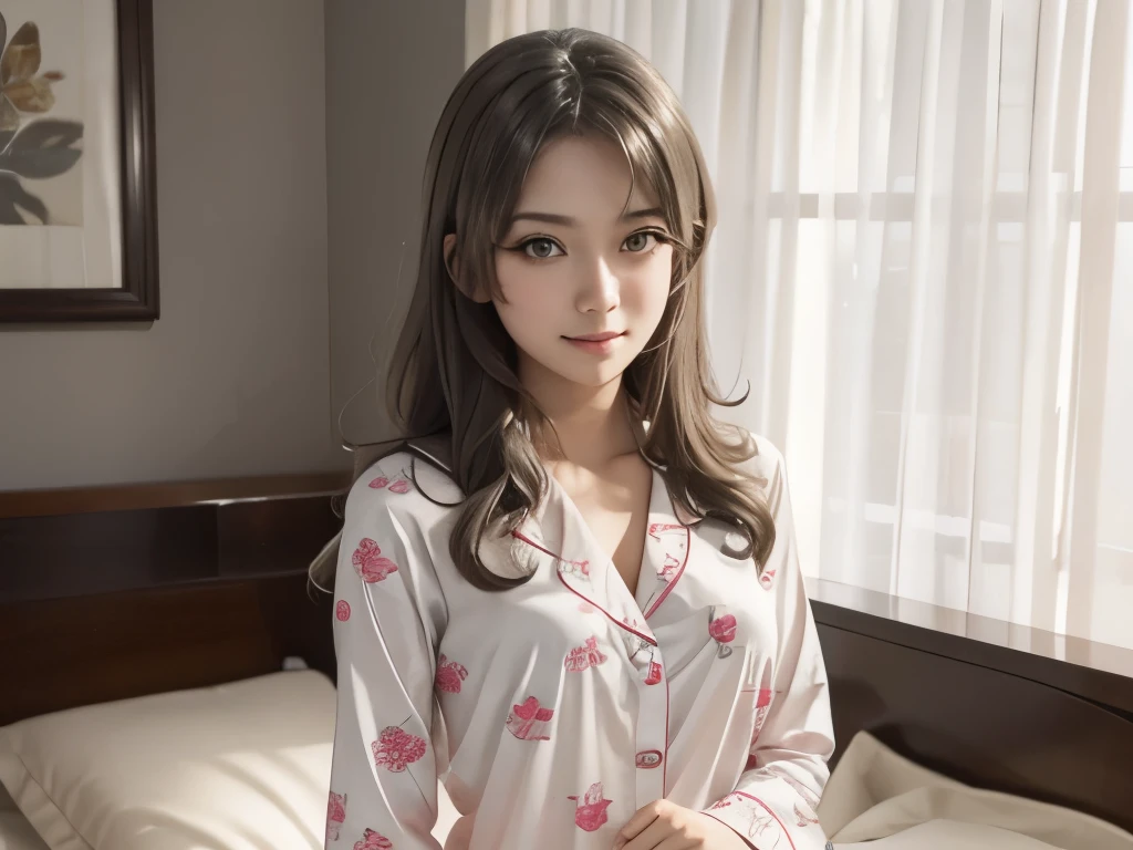 ((muste piece)), ((best quality)), (Super detailed), anime style etc.,peeing on the bed, pretty girl, 1 girl, solo, ((beautiful eyes)), shy smile,pajama00,