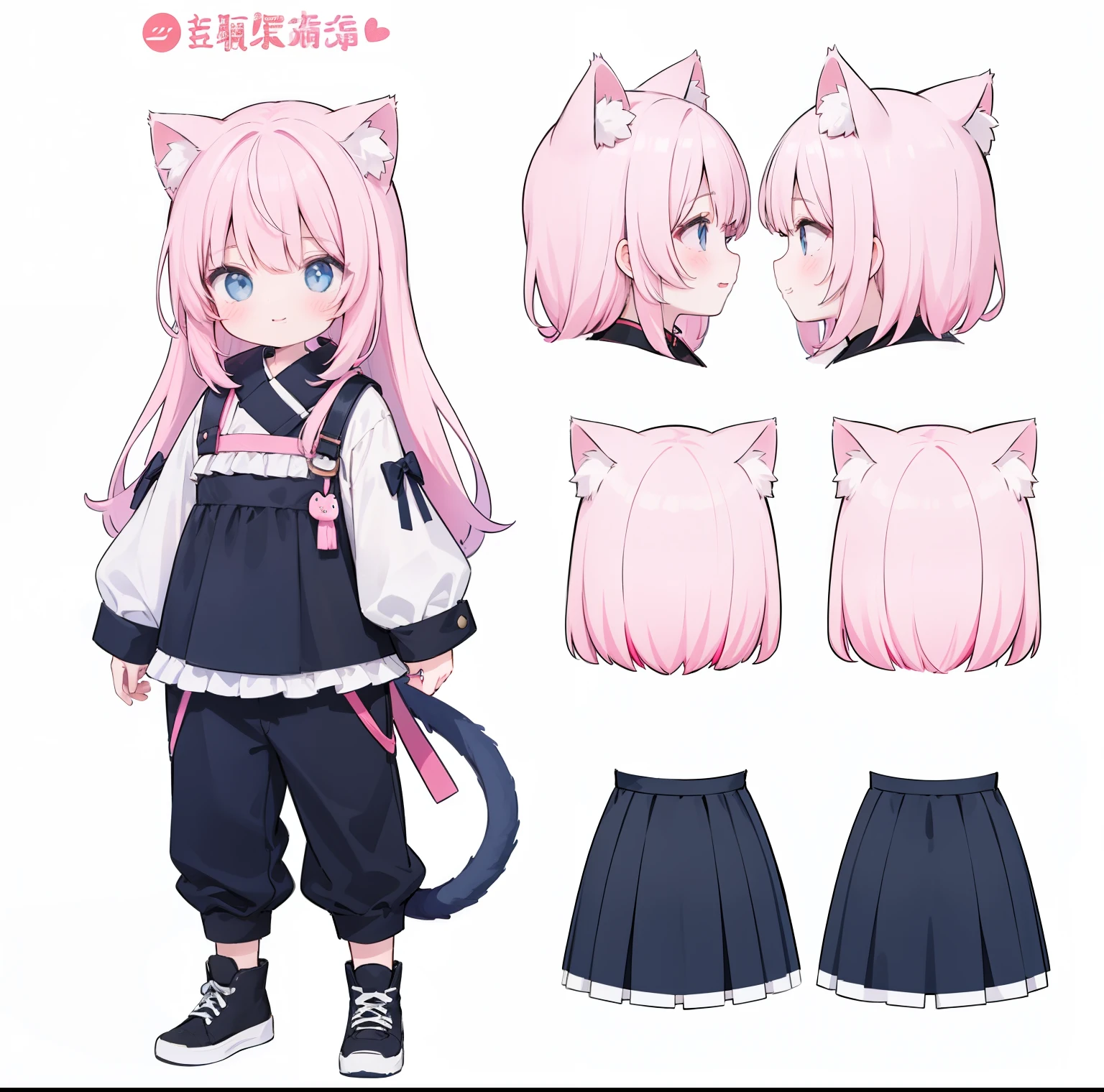 1 girl, Cat ears, cat tail ,positive face,Full body photo of the character,stand,粉红色的hair,simple background,different clothing,(positive face)(layered)(Split)(separate parts)(装饰Split)(hair)(Reference diagram)