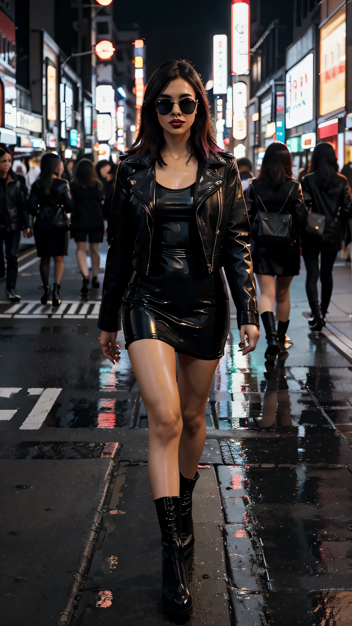 An elegant woman walks down a Tokyo street filled with bright neon and animated city signage. Ela usa uma jaqueta de couro preta, um vestido vermelho longo, e botas pretas, e carrega uma bolsa preta. She wears sunglasses and red lipstick. She walks confidently and casually. The street is damp and reflective, criando um efeito de espelho das luzes coloridas. Muitos pedestres andam.