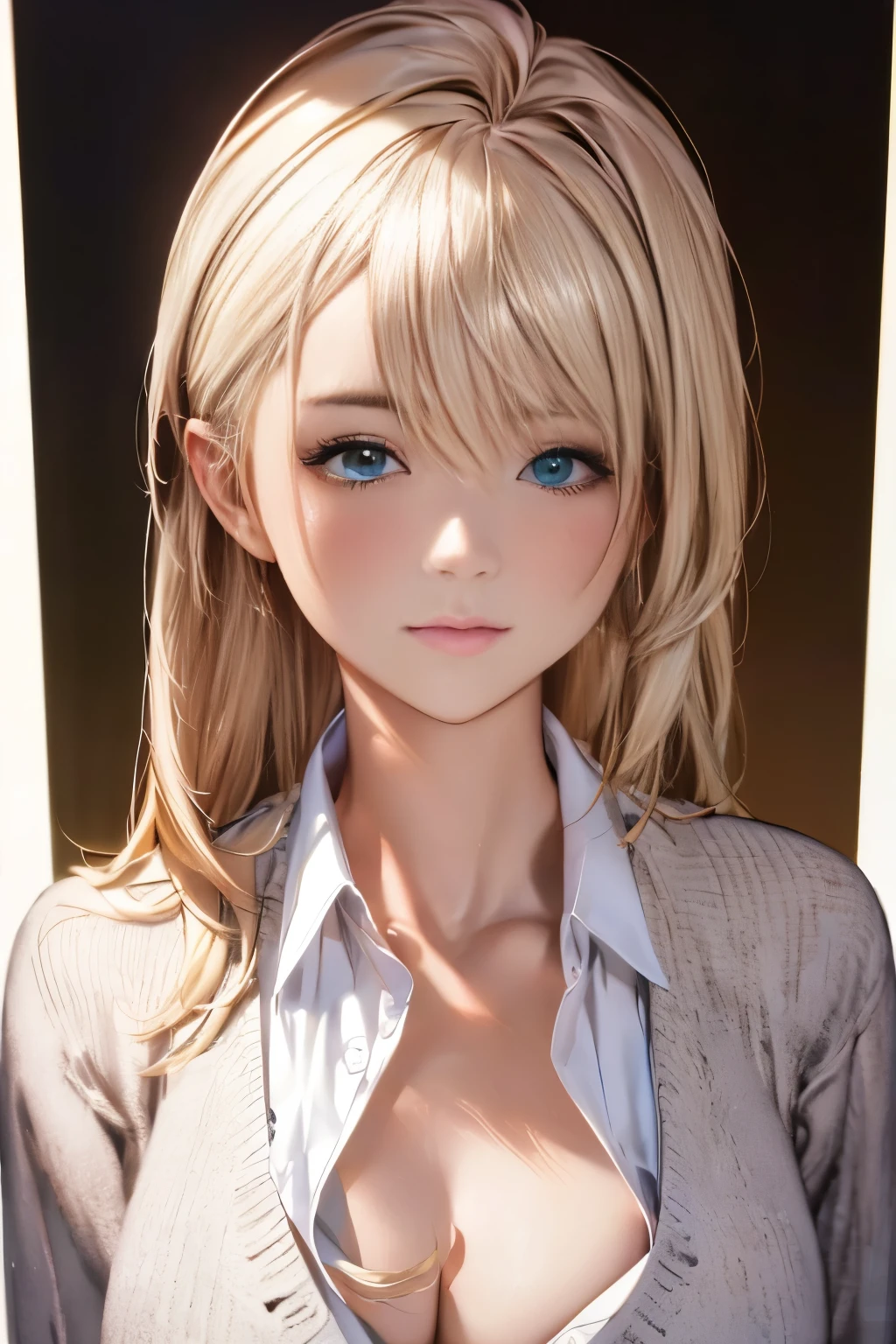 (Masseter muscle part:1.3)、(8k、Photoreal、Raw photo、highest quality: 1.4)、(1 girl)、beautiful face、(lifelike face)、(platinum blonde hair)、beautiful hairstyle、realistic eyes、beautiful details、(real looking skin)、beautiful skin、(shirt、cardigan)、absurd、attractive、Super high resolution、surreal、high detail、golden ratio、Symmetrical、grassland, perfect anatomy, perfect anatomy