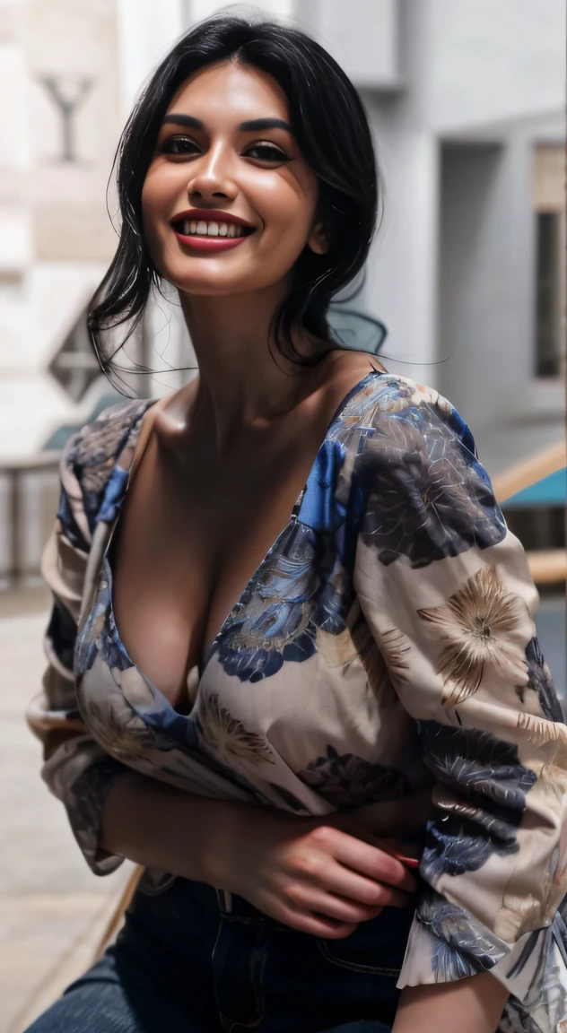 realistic photo of (yaelaris: gr4c3f: 0.5) in blue blouse a Deep V neckand ,down blouse, cleavage, instgram photo, in blue, smile,  beautiful woman, (dark black hair), analog style, looking at viewer, (tan skin texture), wide view, ultra high res, RAW, instagram LUT