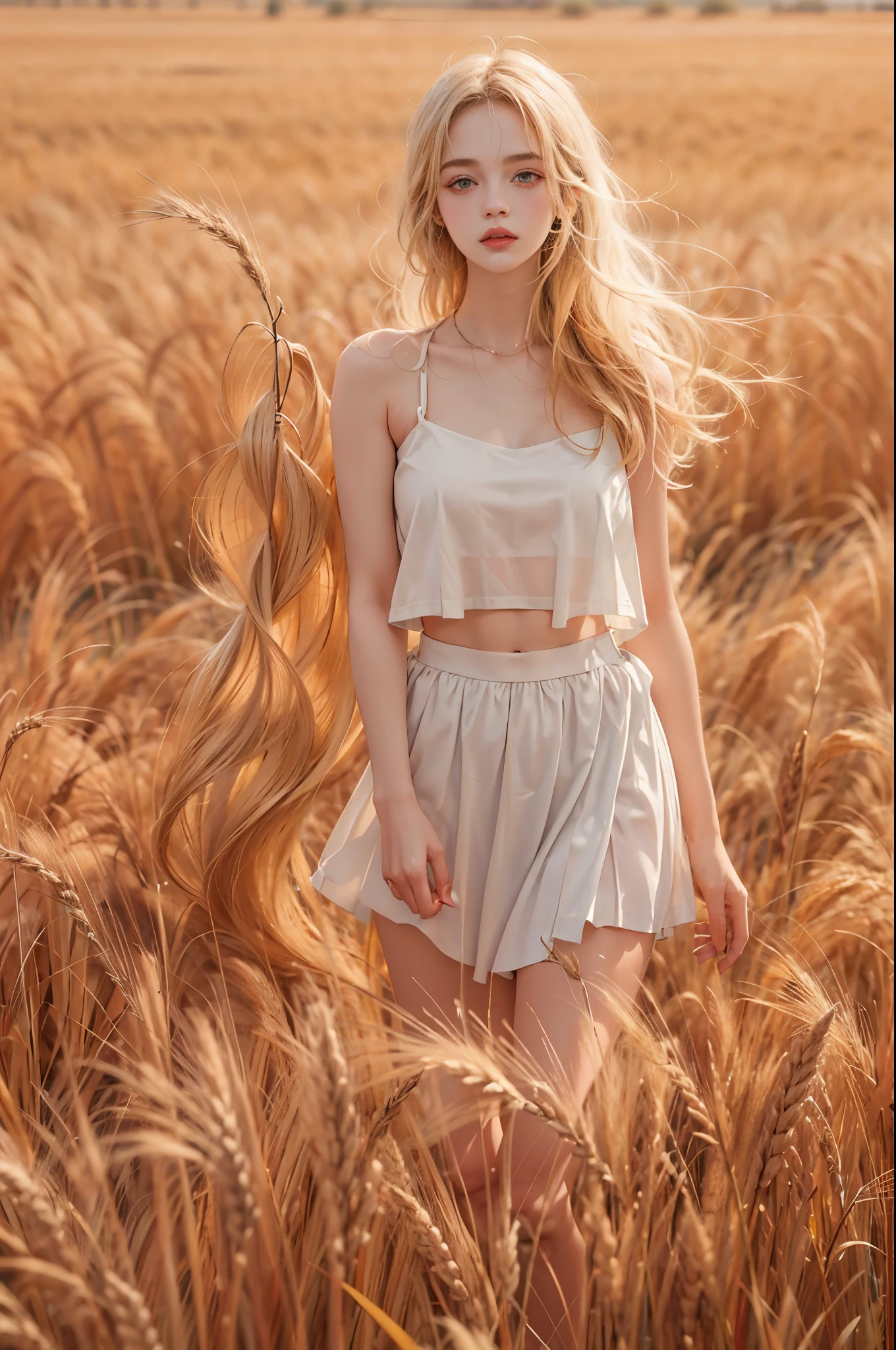masterpiece, best quality, high quality, High definition, High quality texture, High quality shadow, high detail, beautiful detailed, finely detailed, extremely detailed cg, detailed texture, a realistic representation of the face, realistic, colorful, delicate, sharp focus, (intricate details, makeup, PureErosFace_V1:0.5), (detailed beautiful delicate face, (detailed beautiful delicate eyes), a face of perfect proportion, high detailed skin, detailed skin, best ratio four finger and one thumb, skiny and thin:1.3), 1girl, , tall, (smooth_abs:1.55), (abs:0.5), pretty, masterpiece, highres, (long_skinny_legs), (straight_legs), (skinny_waist), (((fair skin))), white skin, (((pale skin))), (Emma_watson), big_breast, (((Caucasian))), Light blonde hair, orange Bandeau, orange short pleated skirt, ((loose fitting clothes, big clothes)), ((crop top)), standing legs apart, looking at viewer, full body, ((showing abdomen)), portrait of cute blonde girl, standing on a wheat field (((looking away))), bloom, orange fog, motion, wispy hair, realism, high-quality rendering, stunning art, high quality, film grain, Fujifilm XT3, dreamy,