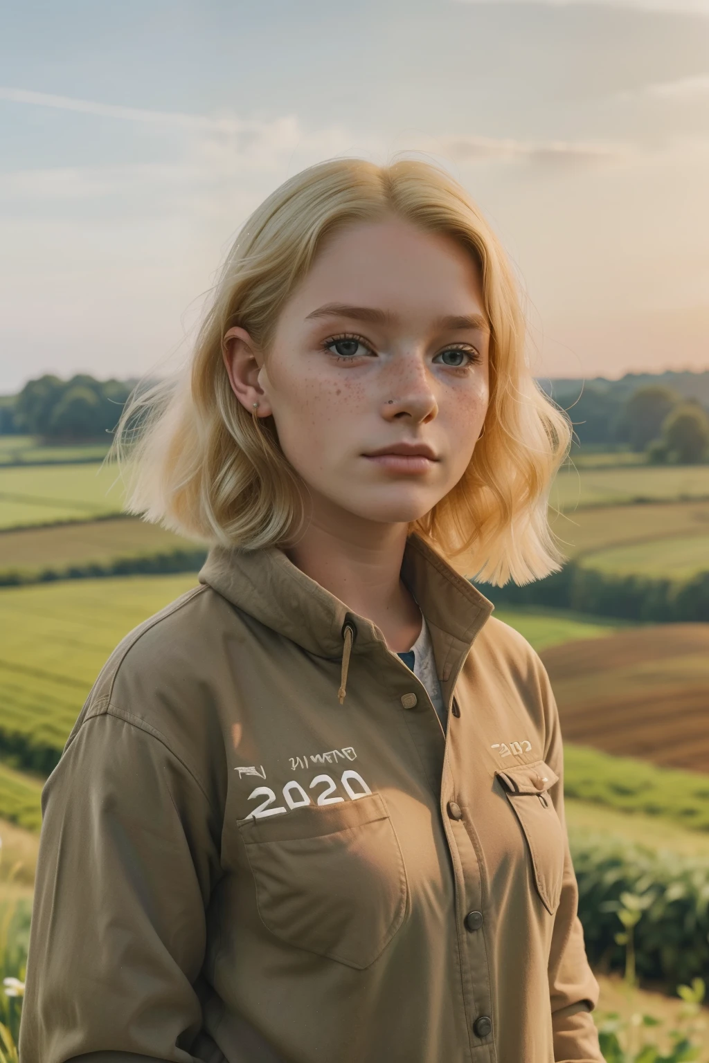 England, 2024. A young ((((18-year-old)) Gwenda)), strong, rustic, freckles all over her face, working hard in the farmlands, plowing the land. ((((clothings from the 2020s)))), ((blond hairstyle of the 2020s))