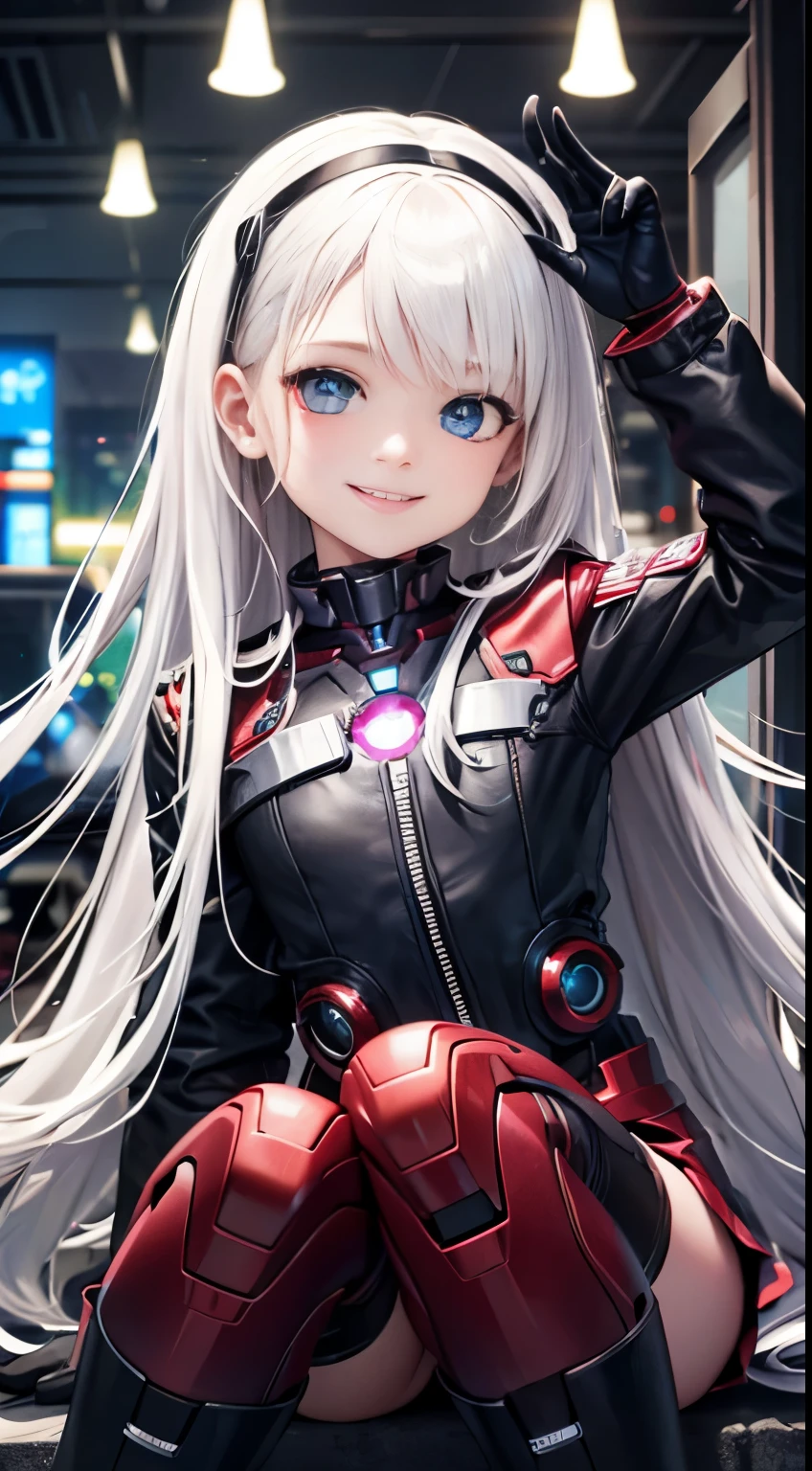 ultra realista idade 8 anos , body , very long white hair capuz , blue eyes cybernetic , sarcastic smile cyborg , leds roxos , cyberpunk , seifuku Uniform , corpo cyborg manoplas de ironman garras ; botas foguete , guerra ao fundo