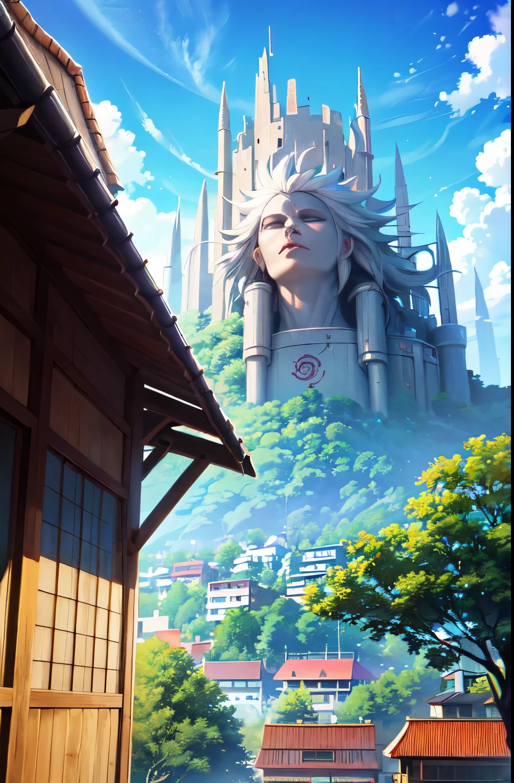 Photography, konohavillage paredes de la puerta de konoha, cable, tree, Hokage main statues on the mountain., flor, en la madrugada, paso de cebra, nubey sky, nube, color pastel,