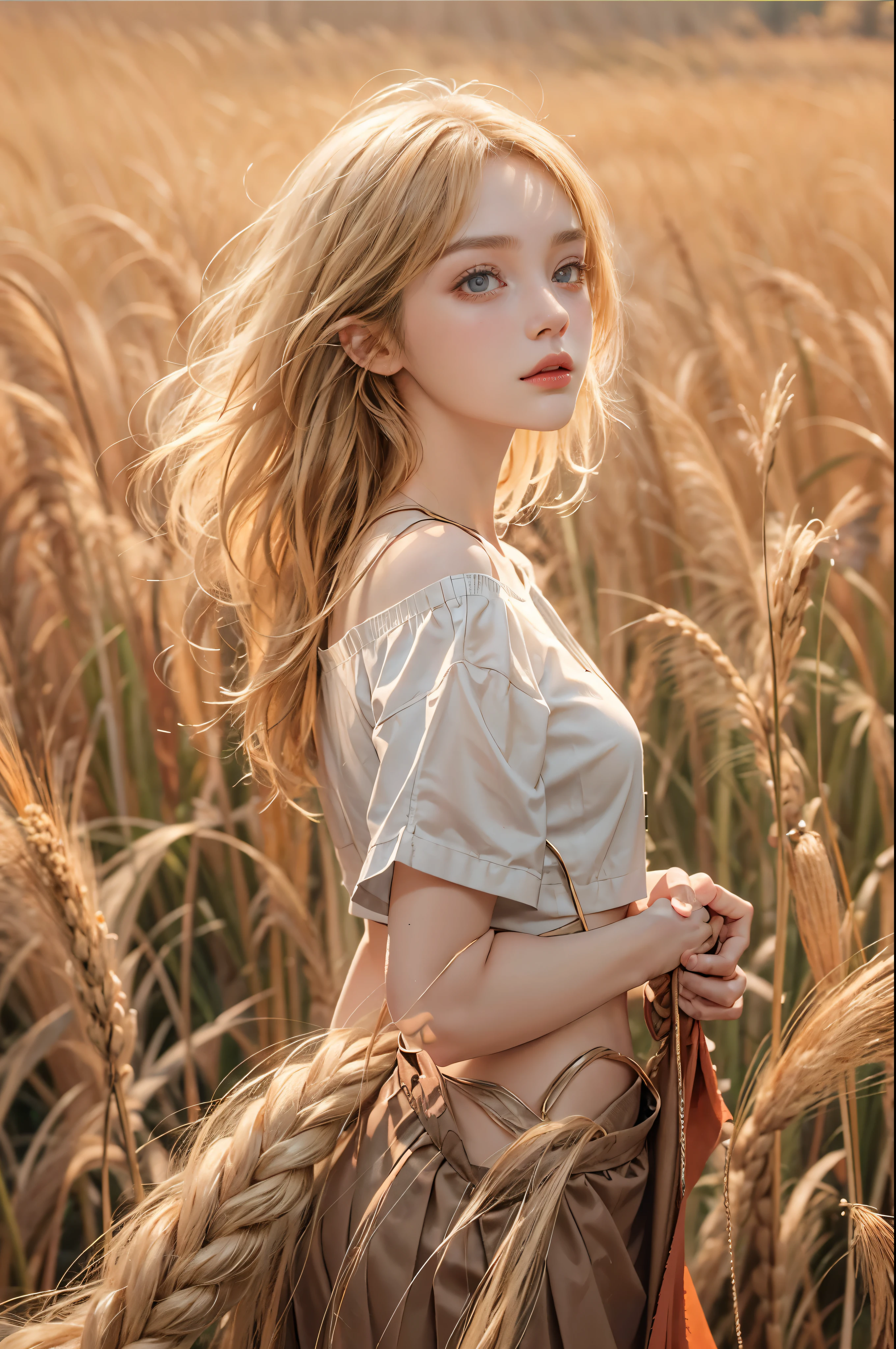masterpiece, best quality, high quality, High definition, High quality texture, High quality shadow, high detail, beautiful detailed, finely detailed, extremely detailed cg, detailed texture, a realistic representation of the face, realistic, colorful, delicate, sharp focus, (intricate details, makeup, PureErosFace_V1:0.5), (detailed beautiful delicate face, (detailed beautiful delicate eyes), a face of perfect proportion, high detailed skin, detailed skin, best ratio four finger and one thumb, skiny and thin:1.3), 1girl, , tall, (smooth_abs:1.55), (abs:0.5), pretty, masterpiece, highres, (long_skinny_legs), (straight_legs), (skinny_waist), (((fair skin))), white skin, (((pale skin))), (Emma_watson), big_breast, (((Caucasian))), Light blonde hair, orange Bandeau, orange short pleated skirt, ((loose fitting clothes, big clothes)), ((crop top)), standing legs apart, looking at viewer, full body, ((showing abdomen)), portrait of cute blonde girl, standing on a wheat field (((looking away))), bloom, orange fog, motion, wispy hair, realism, high-quality rendering, stunning art, high quality, film grain, Fujifilm XT3, dreamy,