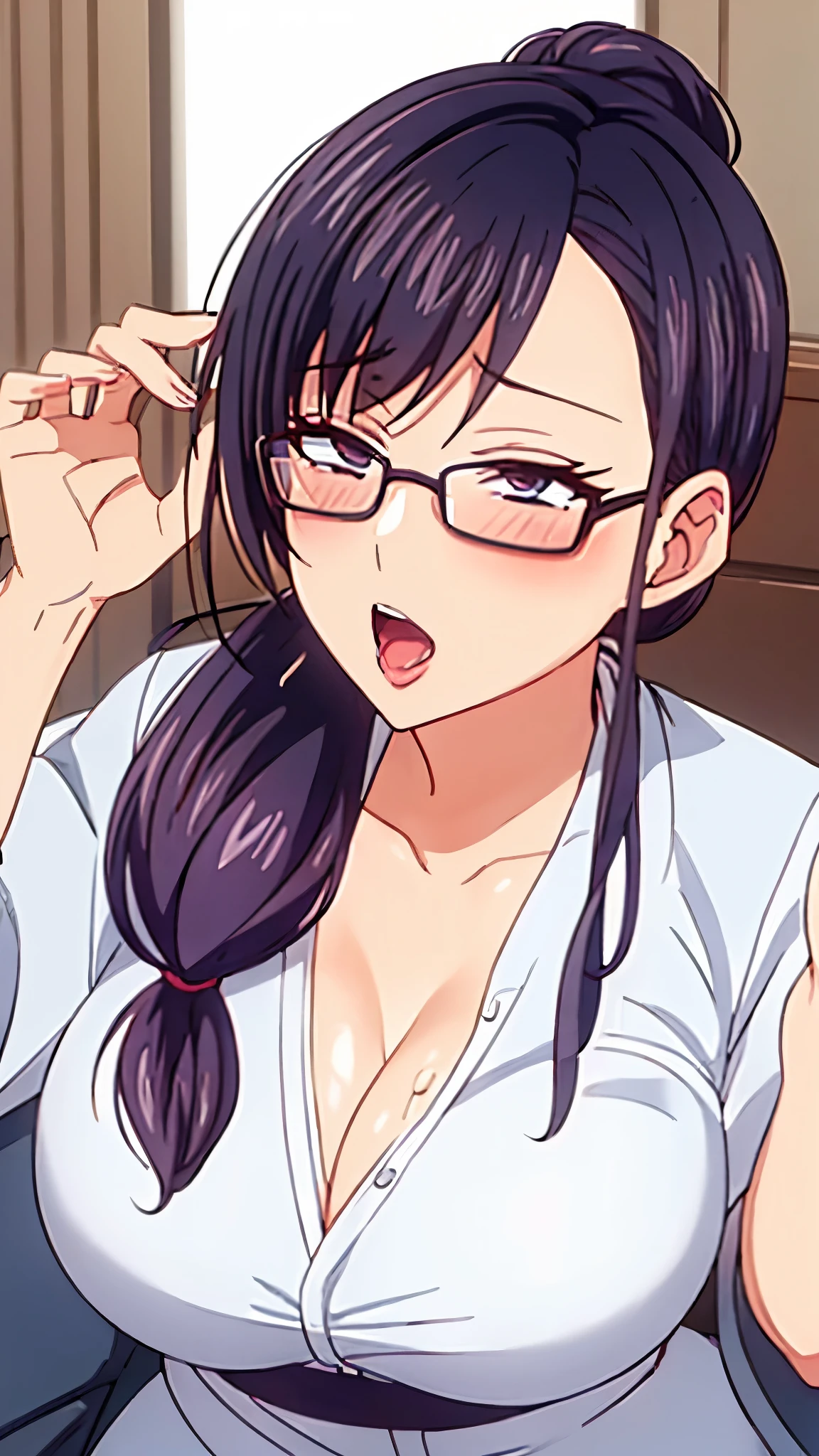 1 milf, ponytail hair, wearing glasses, wearing a nurse's uniform, her clothes show her cleavage, ahegao, looking at camera, saliva