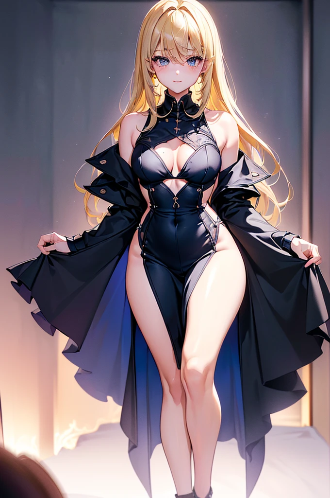 illustration)(wallpaper)(masterpiece)(ultra-detailed)(best quality)(perfect body)(detailed eyes:1.3)(clothed)(wide hips)(perfect hands and eyes)((perfect face)(sensual hips)(perfect slender body torso 1.2)(8k)(anatomically correct)(sexual excitement)(shaved(thigh gap:1.2)(cinematic lighting:1.2)(high resolution:1.3)(dynamic shadows)(standing:1.3)(anime)(1woman)(Solo)(looking at viewer)(best quality, 4k, highers, masterpiece:1.2)(ultra-detailed)(portraits)(beautiful detailed eyes)(beautiful detailed lips)(long eyelashes)(fair skin)(ashy blonde hair)(amber eyes)(youthful appearance)(20 years old woman)(soft features)(delicate facial structure)(narrow chin)(slender neck)(androgynous look)(gentle smile)(captivating expression)(natural lighting)(soft and dreamy atmosphere)(solo)(nose blush)(light blush)(red lips)(happy)(glint)(seductive smile)(ear blush)(bright pupils)(closed mouth)(makeup)(earrings)(wide eyes)(yellow eyes)(long-eyelashes)(choker)(blonde hair)(long hair)(anime)(anime style) (cinematic lighting)(masterpiece)(accurate)(anatomically correct)(super detail)(high details)(high quality)(best quality)(highers, 8k)(Modern clothes)