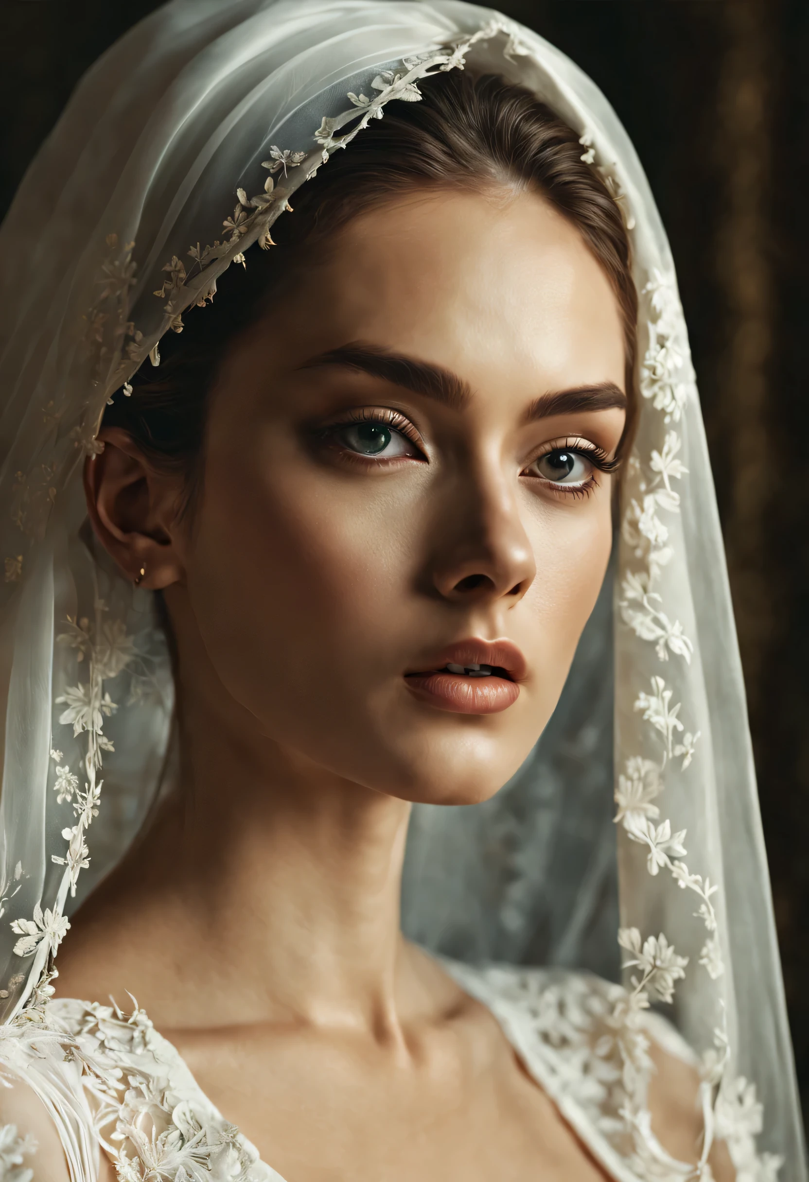 a close up of a woman wearing a white veil and a white dress, soft portrait shot 8 k, portrait of a beautiful model, ultra realistic digital painting, detailed beauty portrait, photo of a beautiful woman, beautiful portrait, very beautiful portrait, beauty portrait, ultra-realistic digital art, beautiful portrait photo, gorgeous face portrait, ultra realistic digital art, beautiful face portrait, Shot on a Hasselblad medium format camera with a 100mm lens. Unmistakable to a photograph. Cinematic lighting. Photographed by Tim Walker, –ar 4:5 –s 750 –niji 5 –v 5 –q2 -Shader’s --Post Processing --Post-Production --Cell Shading --Tone Mapping --CGI --VFX --SFX --insanely detailed and intricate --hyper maximalist --elegant --dynamic pose --photography --volumetric --ultra-detailed --intricate details --super detailed --ambient –uplight 