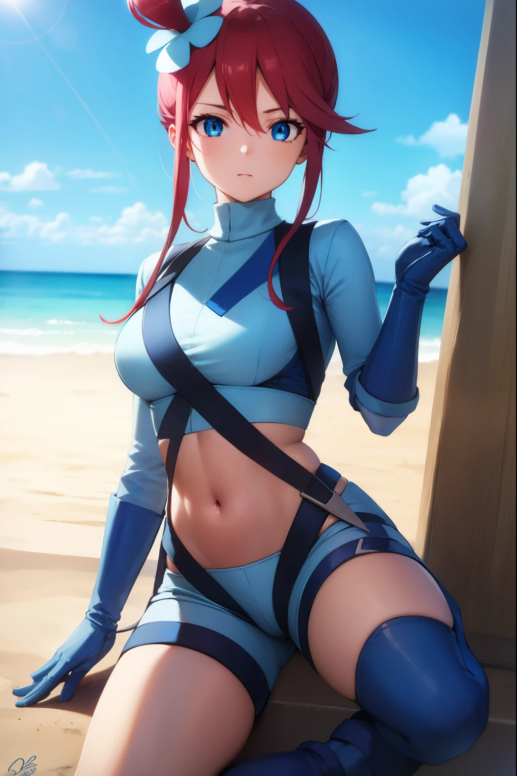 pokemonskyla, pokemonskyla, blue eyes, hair ornament, one side up, red hair, short hair with long locks, sidelocks,
BREAK blue footwear, blue gloves, blue jacket, blue shorts, boots, crop top, cropped jacket, gloves, jacket, midriff, navel, short shorts, shorts, thigh pouch,
BREAK looking at viewer, upper body, full body,
BREAK outdoors, city, sky, sun,
BREAK (masterpiece:1.2), best quality, high resolution, unity 8k wallpaper, (illustration:0.8), (beautiful detailed eyes:1.6), extremely detailed face, perfect lighting, extremely detailed CG, (perfect hands, perfect anatomy),