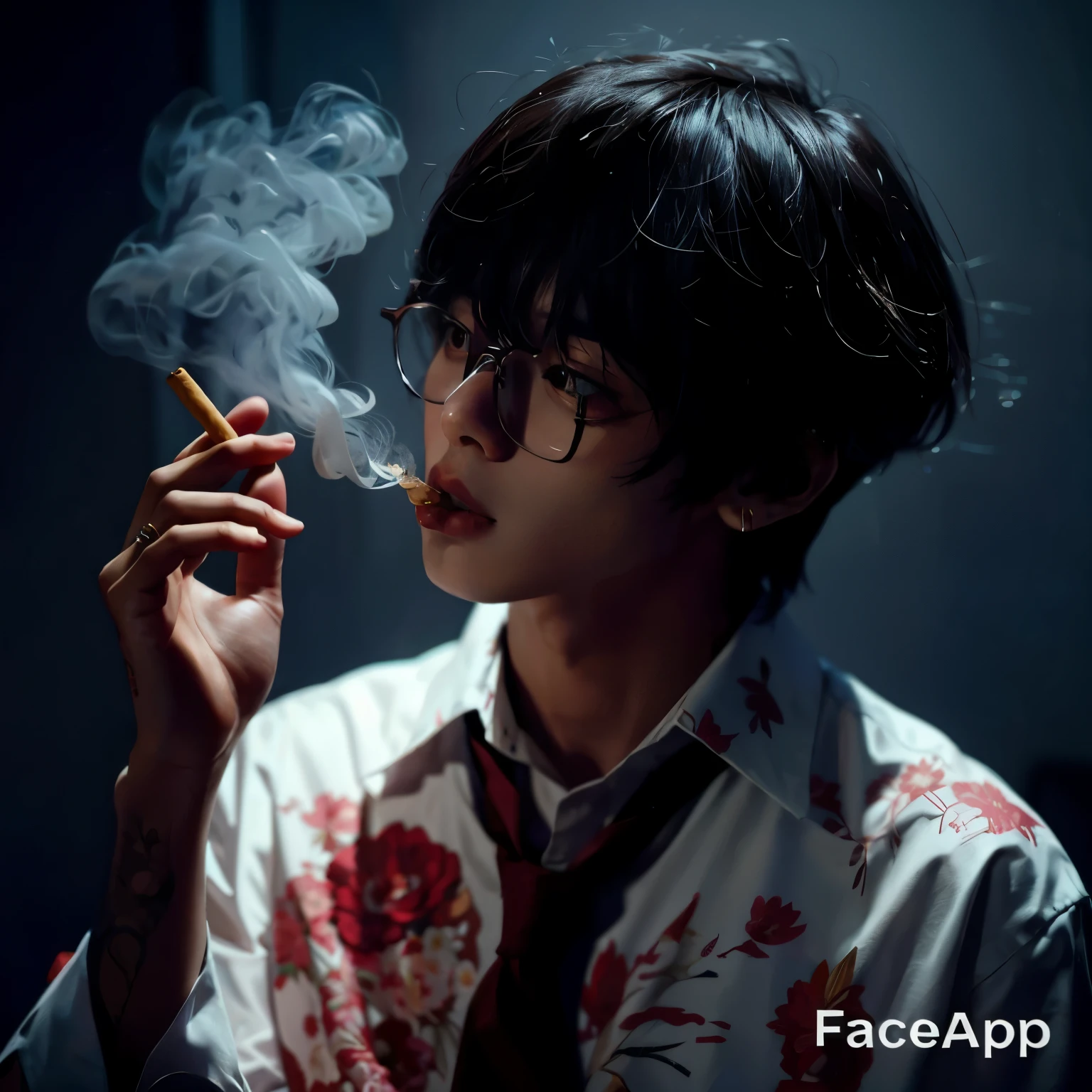 tem um homem fumando um cigarro com sangue na camisa, male Ulzzang, por Jang Seung-eop, cute japanese demon boy, Taehyung comendo batatas fritas Gucci, cara sangrenta, olhar assustador, Ulzzang, foto do perfil 1024px, taejune kim, Cai Xukun, cosplay realista, cosplay profissional, sangue nas roupas e no rosto