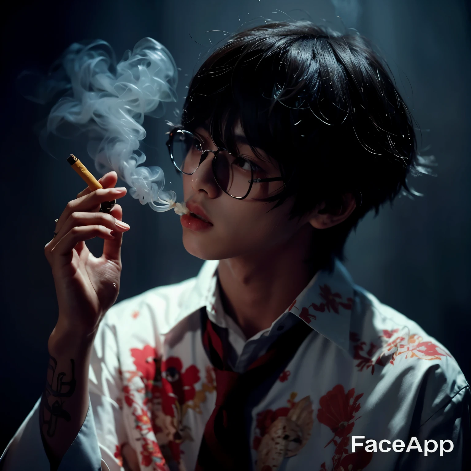 tem um homem fumando um cigarro com sangue na camisa, male Ulzzang, por Jang Seung-eop, cute japanese demon boy, Taehyung comendo batatas fritas Gucci, cara sangrenta, olhar assustador, Ulzzang, foto do perfil 1024px, taejune kim, Cai Xukun, cosplay realista, cosplay profissional, sangue nas roupas e no rosto