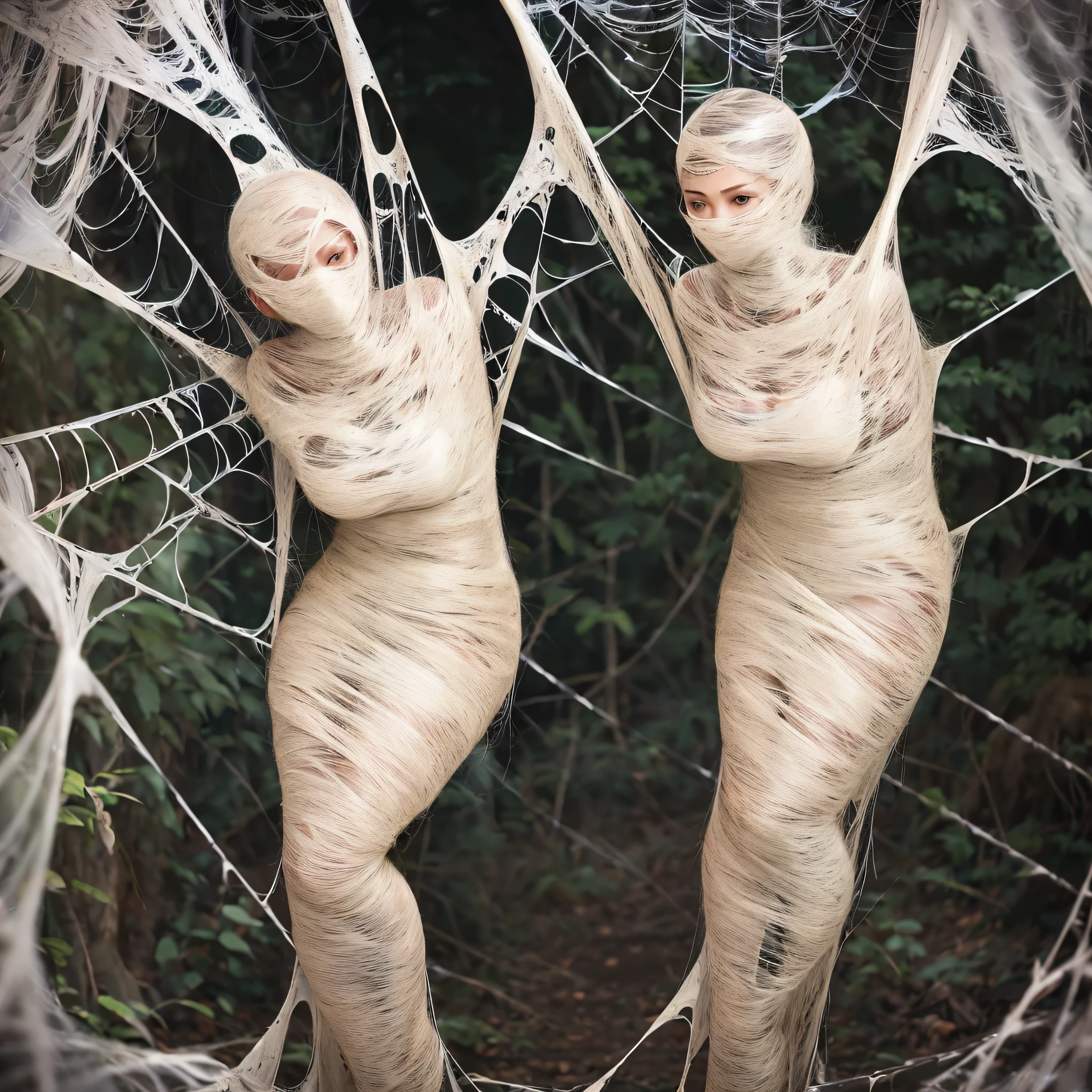 a girl entangled in the spider web, struggle, detailed classroom, (cocoon:1.3), spider web, hanging, spider in the web, spider