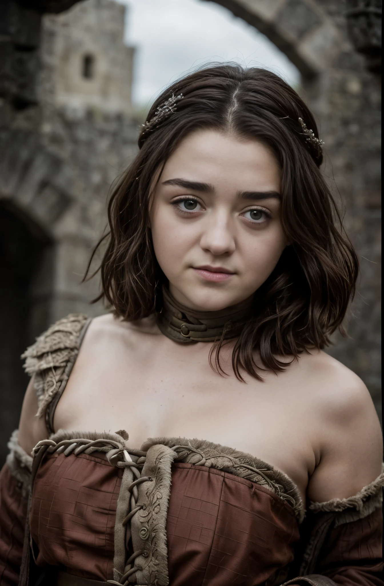Foto RAW, RAW photograph of Maisie Williams, Arya Stark, Extremely gorgeous lady, Arya Stark PLAYED BY MAISIE WILLIAMS, Queen Arya Stark, she a mature woman now, milf, sexy mediaeval battle dress, gladiator woman, body, 40 years old Woman, body revealing costumes, perky breast, skin pores, big natural breast, erotic costumes, lusty physique, seductive figure can capture every people's attention, Game of thrones costumes, revealing captivating figure, Mediaeval costumes, revealing clothes, A tomboy, she would rather fence than dance, warrior queen , game of thrones screen caps, Game of Thrones Series, (pele altamente detalhada: 1.2), 8k UHD, DSLR, soft-lighting, alta qualidade, grain of film, Fujifilm XT3, flawless picture, highly detailed, detailed Beauty, intricate, 32k, sharp picture,