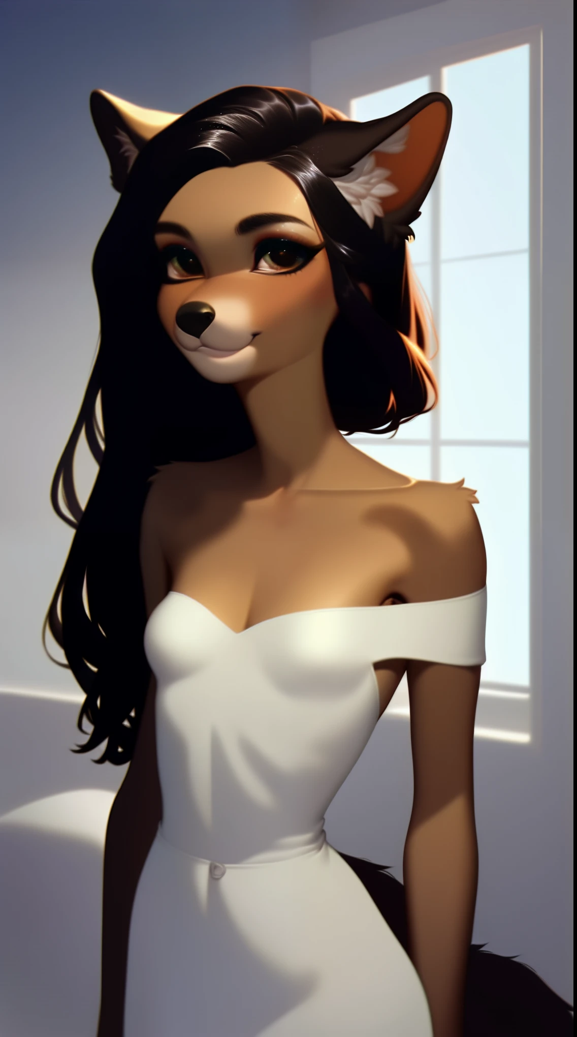 (score_9), (source_ derpibooru_p_95),m, ((cute anthro canine :1.1)), (bodycon shoulderless dress), blushing, teenager, cute look, solo, long dark hair, anatomically correct, flat chest , high res, extremely detailed, adorable, ribs, hip bones, living room, 1girl, absurd resolution, moonlight, cute nose, cute snout, realistic hair, fluffy ears, skinny waist,