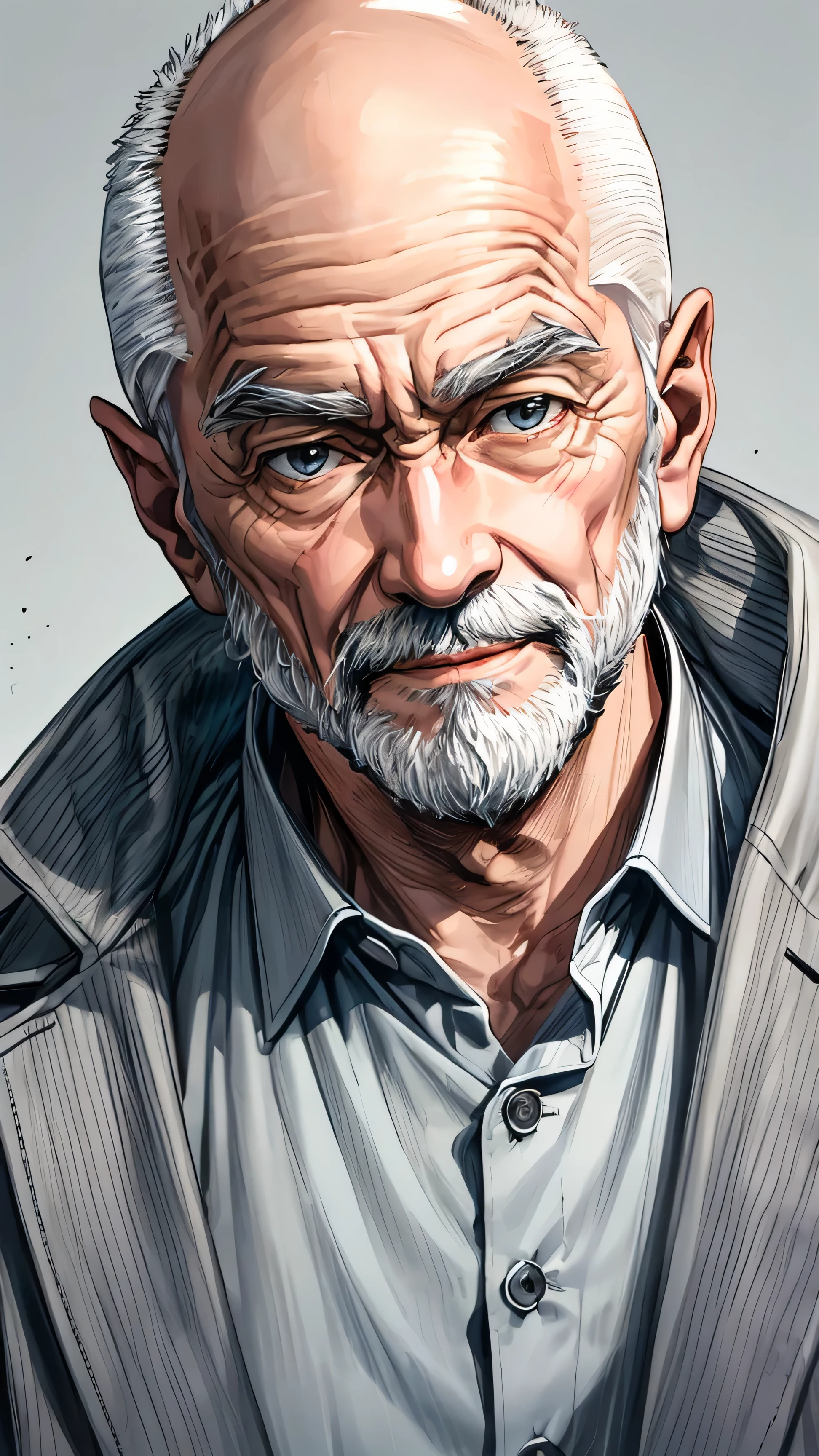 A beautifully drawn (((portrait))), featuring a cheerful (((granpa))) with a full, gray-flecked beard and (((a middle bald white hair))), wearing (((a classic, long-sleeved grey coat along with a white button-up shirt))) that accentuates his slight frame; highres, masterpiece, best quality, sharpen, sharp; highres, masterpiece, best quality, sharpen, sharp