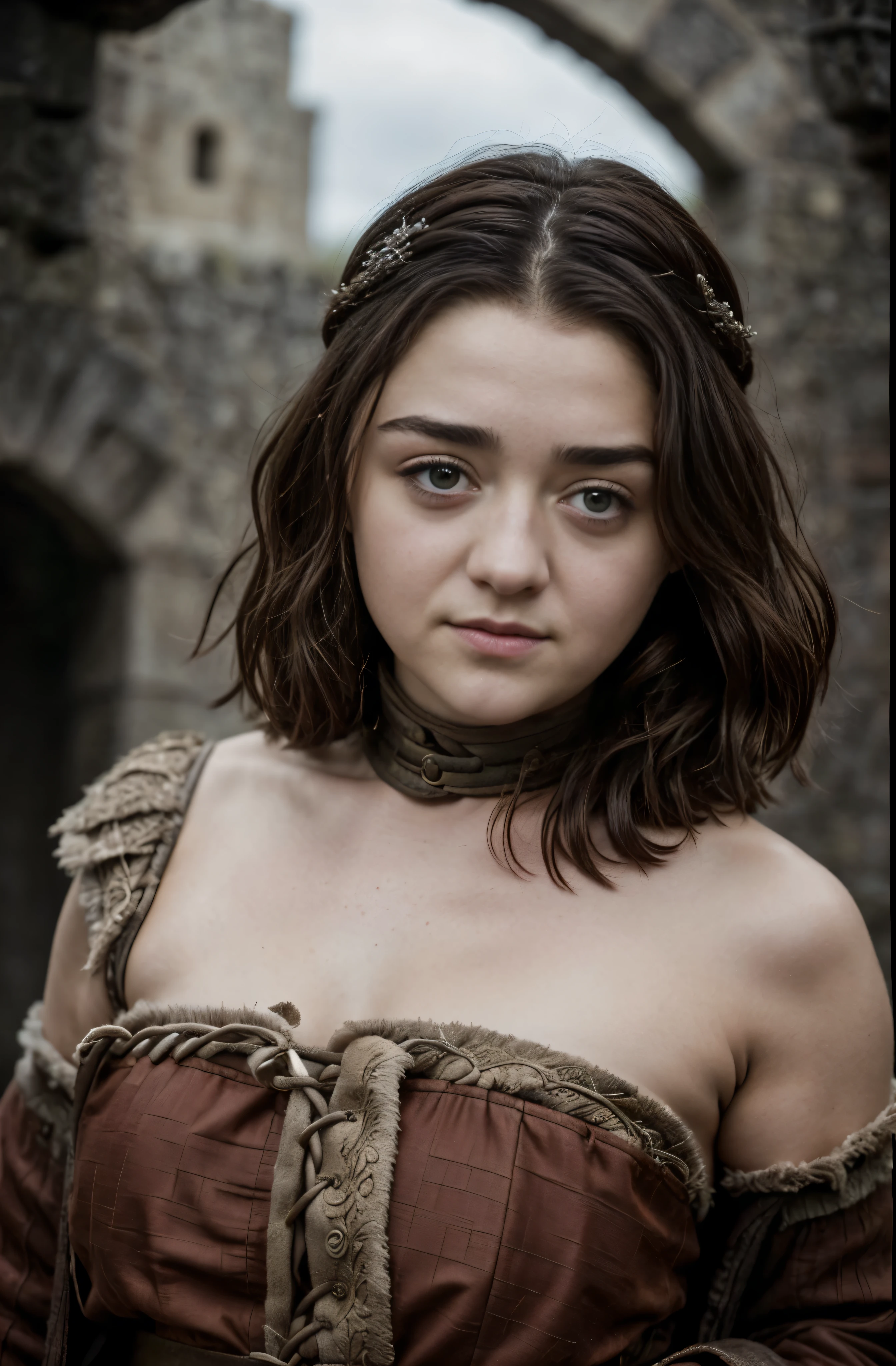 Foto RAW, RAW photograph of Maisie Williams, Arya Stark, Extremely gorgeous lady, Arya Stark PLAYED BY MAISIE WILLIAMS, Queen Arya Stark, she a mature woman now, milf, sexy mediaeval battle dress, gladiator woman, body, 40 years old Woman, body revealing costumes, perky breast, skin pores, big natural breast, erotic costumes, lusty physique, seductive figure can capture every people's attention, Game of thrones costumes, revealing captivating figure, Mediaeval costumes, revealing clothes, A tomboy, she would rather fence than dance, warrior queen , game of thrones screen caps, Game of Thrones Series, (pele altamente detalhada: 1.2), 8k UHD, DSLR, soft-lighting, alta qualidade, grain of film, Fujifilm XT3, flawless picture, highly detailed, detailed Beauty, intricate, 32k, sharp picture,
