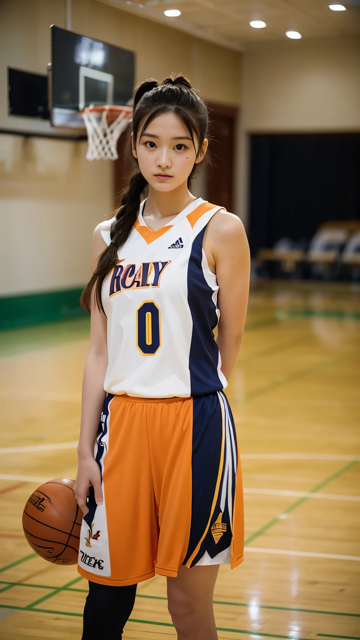 highest quality, masterpiece, ultra high resolution, (reality: 1.4), original photo, 1 girl, basketball uniform,random hairstyle,