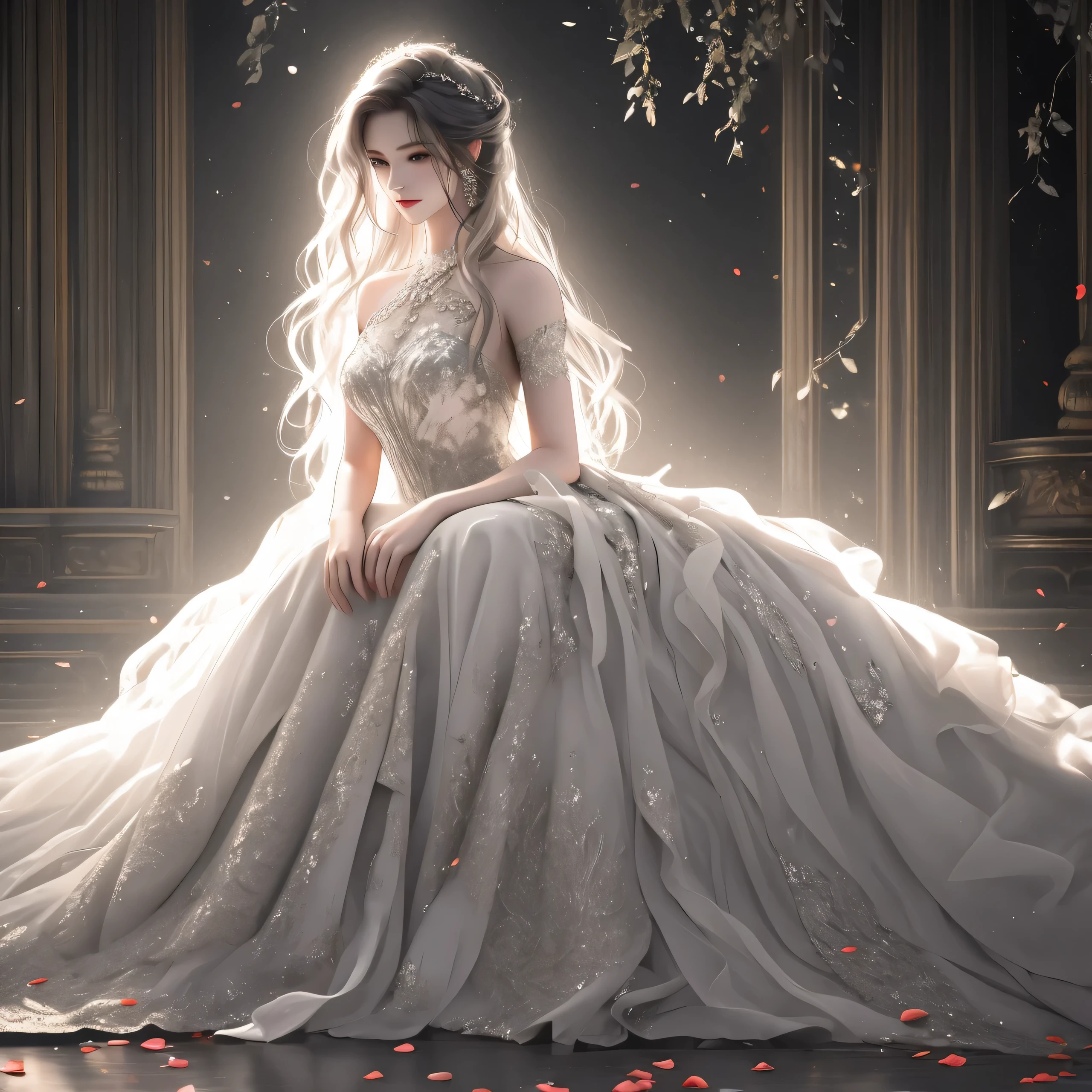 (best quality,4k,8k,highres,masterpiece:1.2),ultra-detailed,(realistic,photorealistic,photo-realistic:1.37),vampire girl in beautiful gown, bridal dress,stunning eyes,deep red lips,long flowing hair,pale porcelain skin,ethereal beauty,graceful and elegant pose,enchanted garden,intricate lace patterns on the gown,dark and mysterious atmosphere,moonlit sky,shadows and moonbeams,hauntingly beautiful,delicate silver jewelry,glistening fangs,alluring gaze,rose petals scattered on the ground,gentle breeze rustling through the trees,reflections in a still pond,subtle shimmering effects,contrast of light and darkness,mystical aura,lush and vibrant colors,transcendent and surreal composition,romantic and gothic vibe