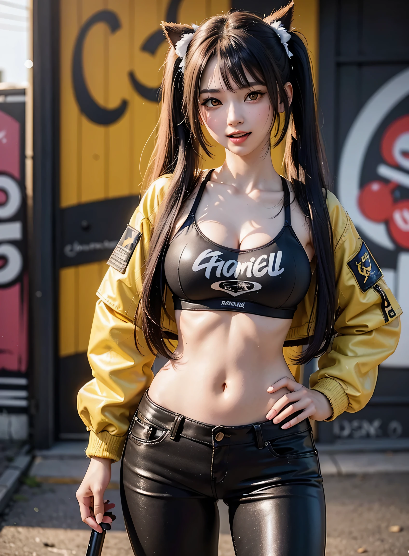 sfw, Cute 16 year old nekomata catgirl, , Delicate Beautiful Attractive Face With Alluring Yellow Eyes, open mouth, Broadly Smiling, Lovely Medium Breasts, Layered Long Twintail hair, Blush Eyeshadow, Thick Eyelashes, Oversized cyberpunk Tech jacket, Mini Underboob Tee, Open Navel, Slim Waist, leather Pants, In The Graffiti Alley, Holding Spray Paint Can, Standing, Original Character, Volumetric Lighting, Best Shadows, Shallow Depth of Field, (Highest Quality, Amazing Details:1.25), (Solo:1.3), Brilliant Colorful Paintings, wearing bra,((skinny waist)), young asian girl, ((big breasted)),