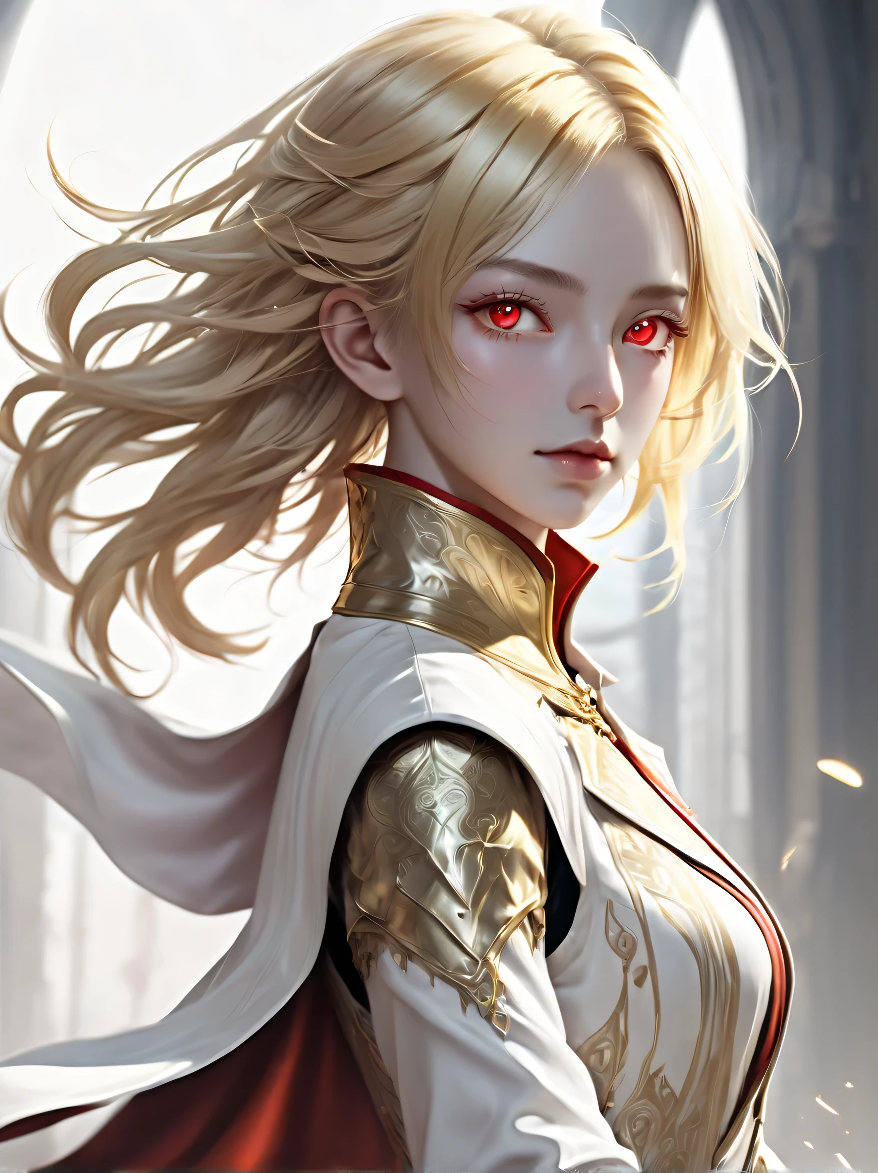 **Alchemist with androgynous facial features, Olhos prateados, cabelos dourados, Tailcoat branco, casaco vermelho, pose de corpo inteiro fantasia, estilo almas sombrias, Hand Drawing Illustration, --AR3:4 - em 6.0** - (Fast, furtividade)