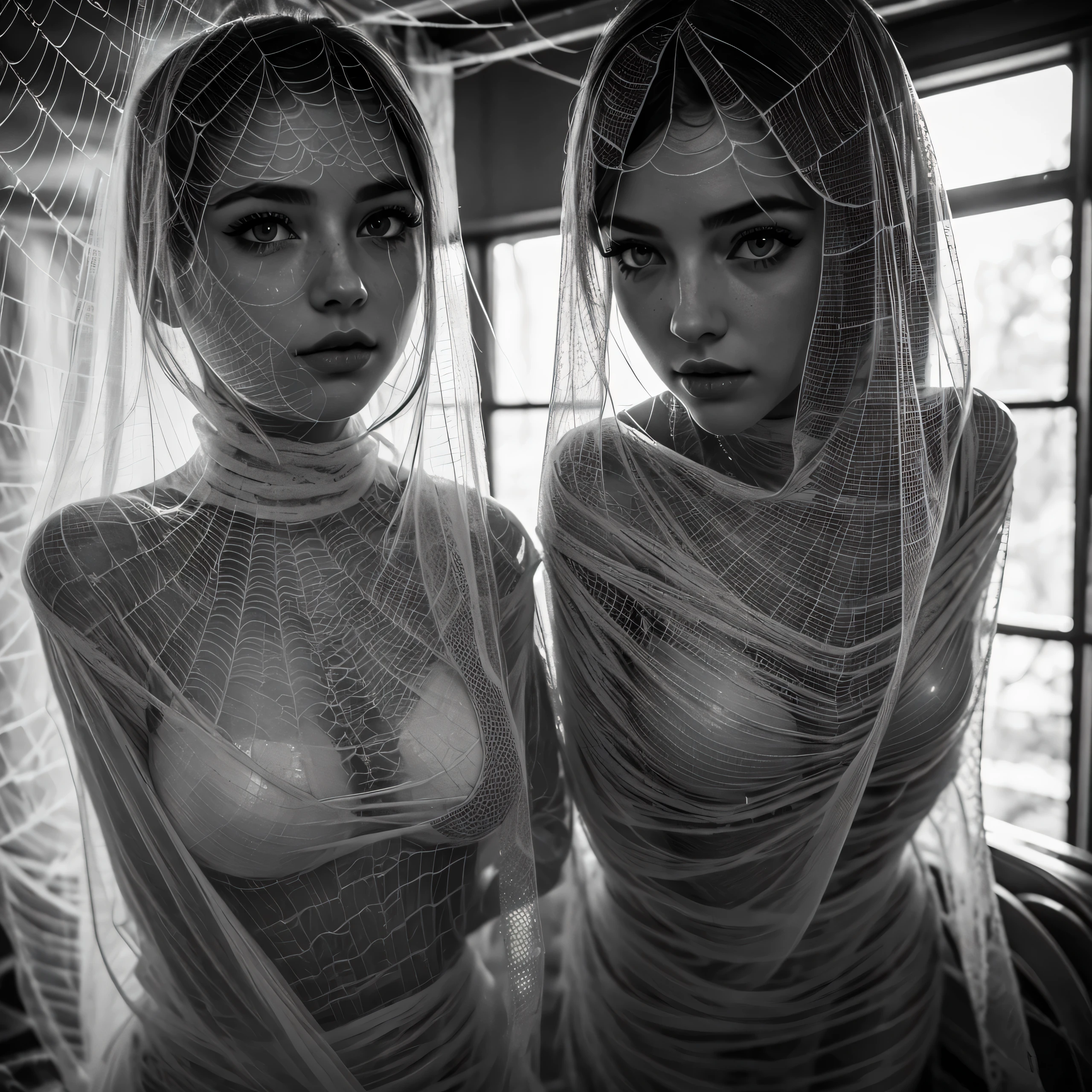 best quality,ultra-detailed,realistic, seductive girl,beautiful detailed eyes,beautiful detailed lips,extremely detailed eyes and face,long eyelashes, struggle, cocoon:1.3, spider web, hanging, detailed classroom, vibrant colors, soft lighting, dark and mysterious atmosphere, subtle shadows, delicate textures, silky web strands