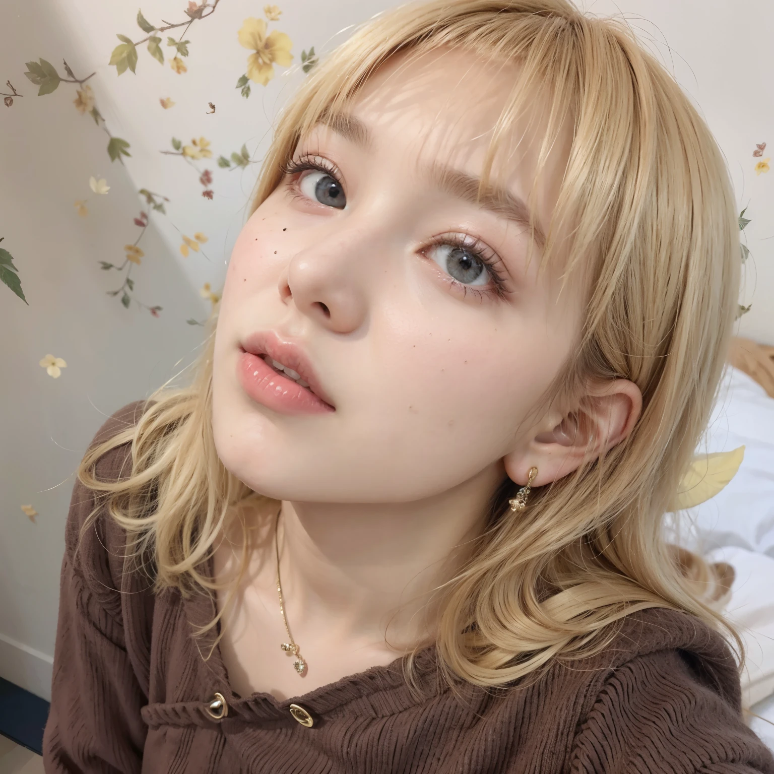(Highest quality, 4K, 8k, High resolution, masterpiece:1.2), Very detailed, (Realistic, photoRealistic, photo-Realistic:1.37)、(((Completely naked)))、Big Breasts、(blonde)、(Wavy short hair)、fellatio gesture、Make a circle with your hands in front of your mouth