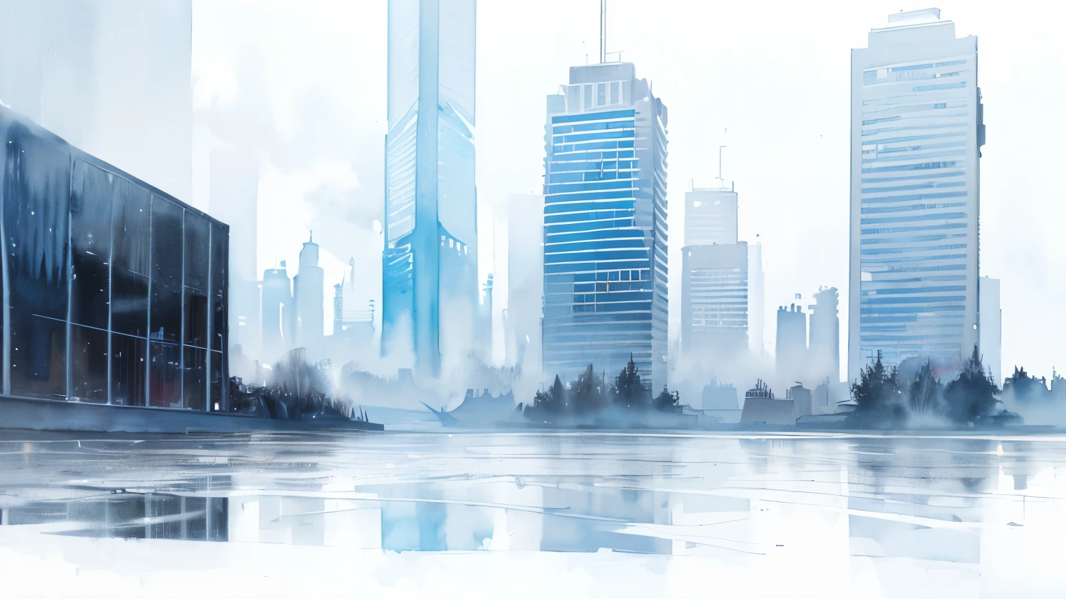 ((Masterpiece)), ((best quality)), (High Definition), (Professional Photography:1.2), (abstract art:1.5), (High resolution), (watercolor painting:1.3), (pale blue), wide shot, (Cold atmosphere), raindrop, water droplets, (rainy day), (simple white background:1.7), ((skyscrapers)),
