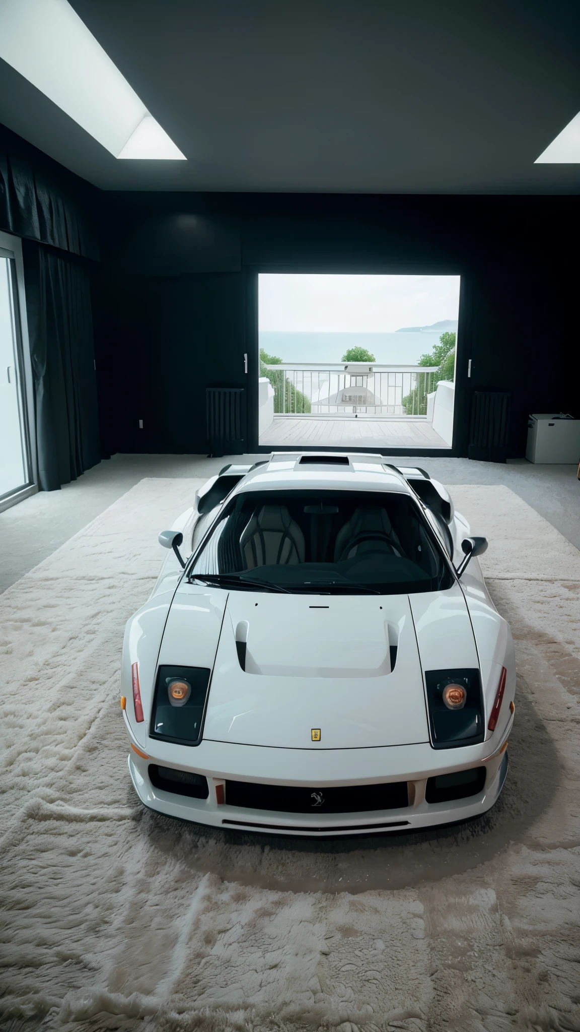 Make a Magazine Front Page for a Car Magazine, with One single white sports car parked inside a plush room with a fuzzy white furry carpet, inside a white marble house on a cliff, kodakchrome : : 8 k, cinematic shot ar 9:16 -n 6 -g, hyper-realistic cyberpunk style, highly detailed hyper real retro, liminal, inspired by Liam Wong, ferrari f 4 0, artgem and beeple masterpiece, noise, liminal aesthetic. Highly detailed, Cinema 4D, Unreal Engine Render quality. Luxury car photo shoot style, 90s Magazine type effect.
