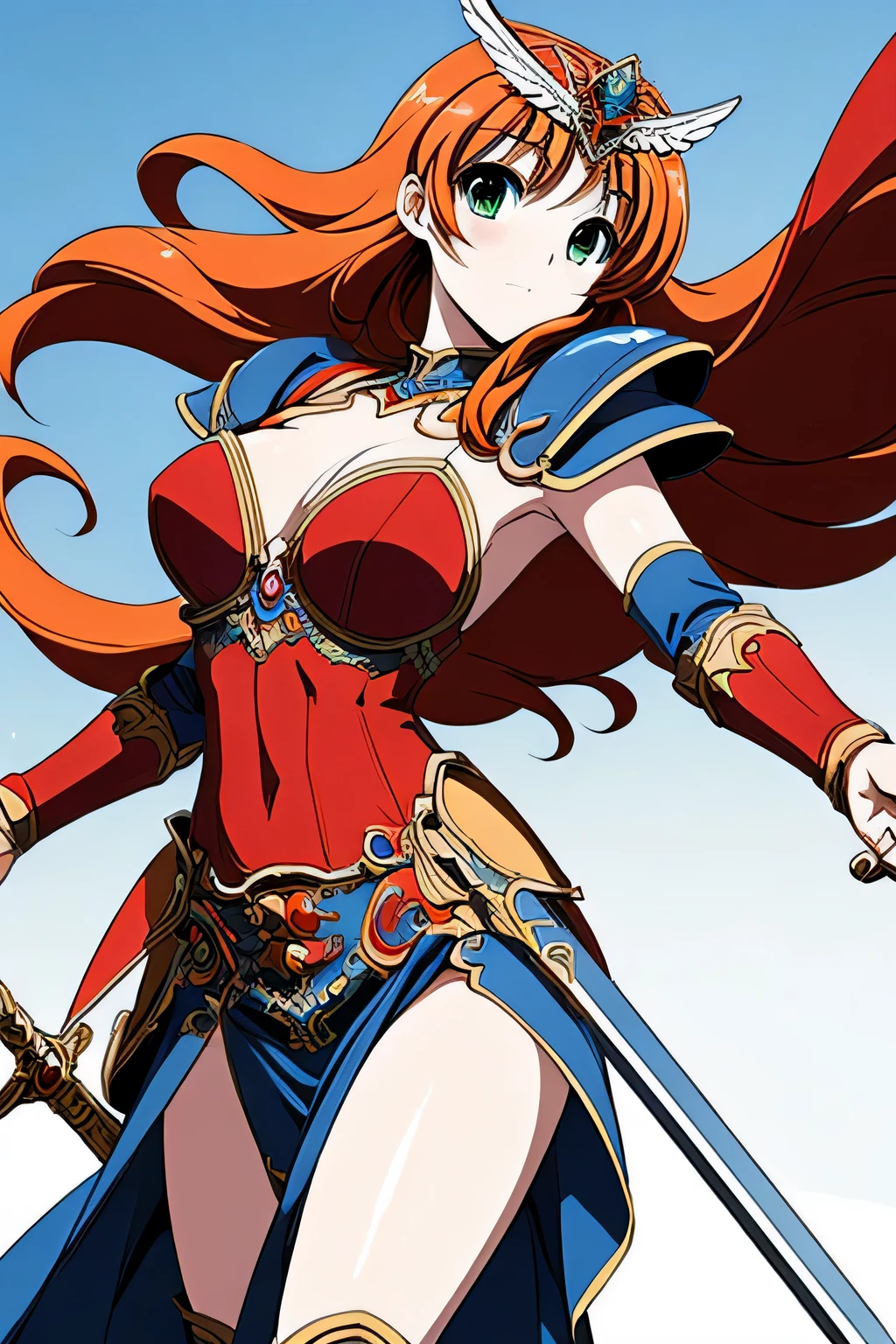 (masterpiece, highest quality:1.2),Lucia,1 girl,alone,green eyes,orange hair,very long hair,red armor dress,cowboy shot,wing tiara,((blue pelvic curtain armor)),((blue waist armor)),blue shoulder armor,(blue cuff),blue knee boots,pauldron,blue armor belt,with a sword