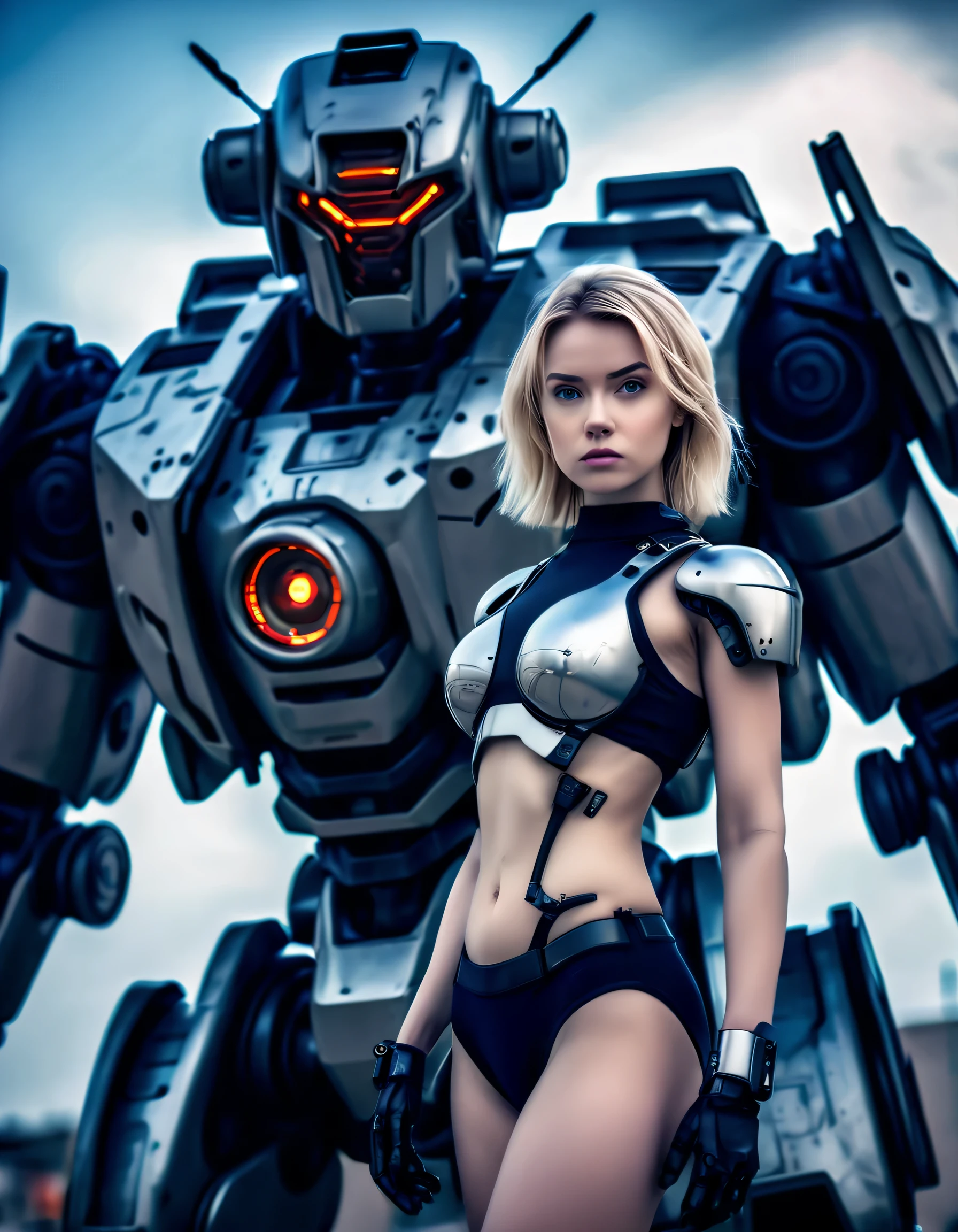 **young beautiful blonde european mech warrior looks at viewer, there is a giant military robot in the background, dynamic art, action stance, contorno preto, comic style, Science fiction, Ciberpunk, neofuturismo, mechanized precision, Detalhe meticuloso, --com 2:3 - em 6.0 --s 350** - Imagem #4 