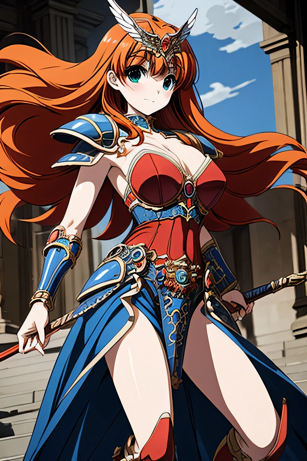 (masterpiece, highest quality:1.2),Lucia,1 girl,alone,green eyes,orange hair,very long hair,red armor dress,cowboy shot,wing tiara,((blue pelvic curtain armor)),((blue waist armor)),blue shoulder armor,(blue cuff),blue knee boots,pauldron,blue armor belt,with a sword