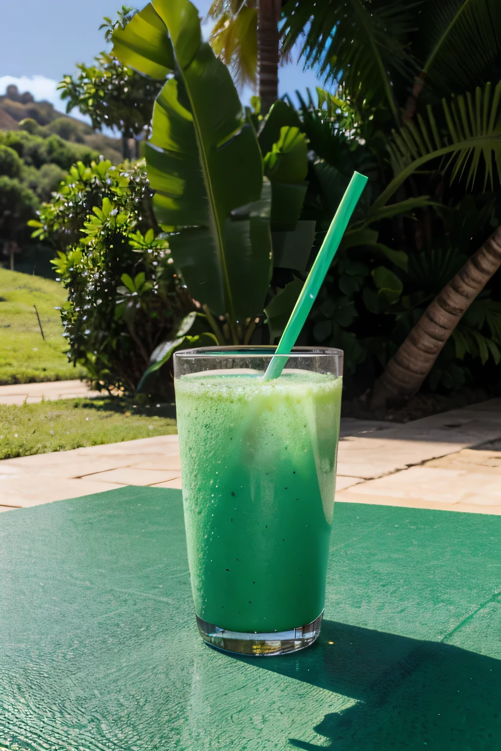 copo de suco verde claro, gelado, mesa de madeira, canavial, clear sky ,calor
