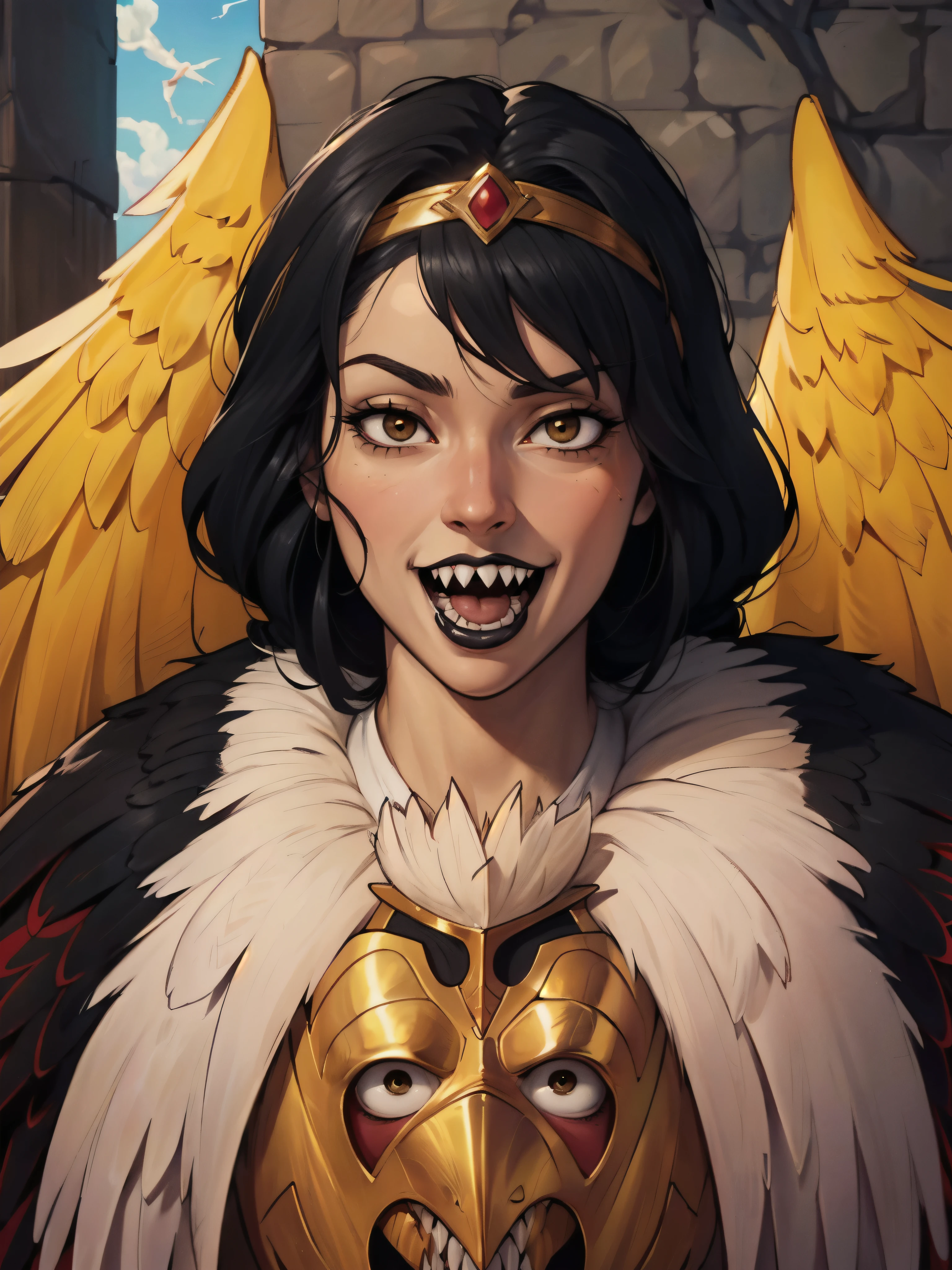 (1 garota:1.3), (((a manga-style drawing by Kentaro Miura))), | ((harpia)), Rosto de mulher de 33 anos em (((corpo emplumado:1.2, penas pretas e vermelhas))), feathered arms, cabelos longos pretos com mechas brancas, | manic expression, olhos dourados, ((black lips)), boca aberta, ((dentes afiados)), ((sorrindo desviadamente, rindo loucamente)), ((nariz grande e adunco:1.2)), | (brinco e diadema de ouro), | Situado em um telhado medieval, | (8K, Foto CRU, melhor qualidade, obra de arte:1.2),ultra-detalhado, (pele altamente detalhada:1.2), 8K uhd, dslr, soft lighting, alta qualidade, em um estilo de arte RPG de arte medieval, (((retrato em close))), ((olhando para o espectador)) (((Human head + bird corpo emplumado:1.2)))