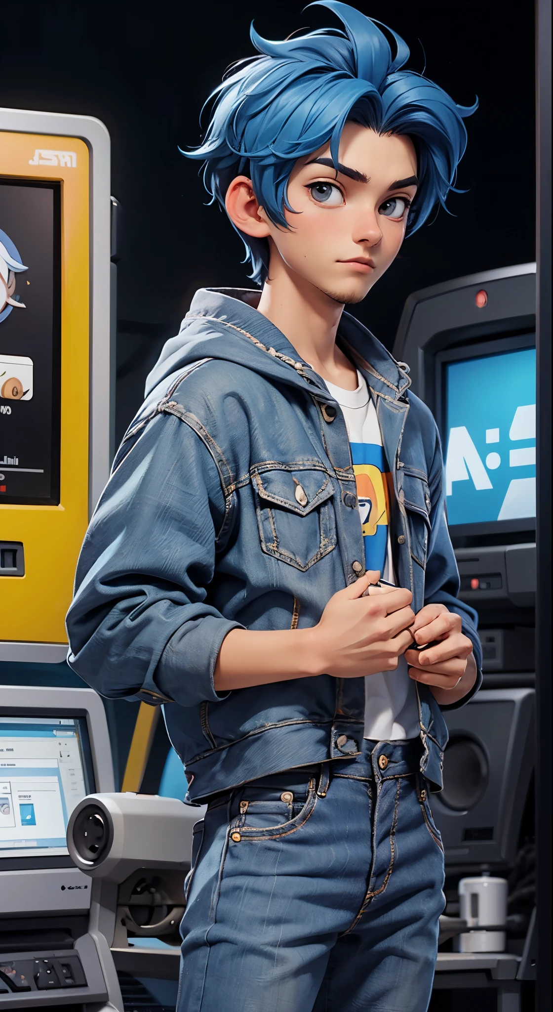 18 year old man, short blue hair, thin, wears a sweatshirt and jeans, he has days of beard