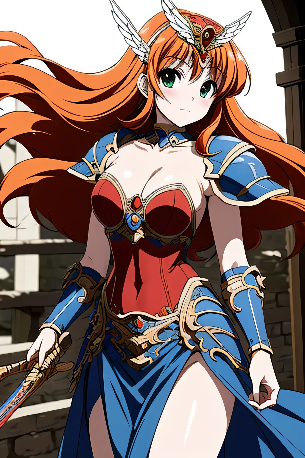 (masterpiece, highest quality:1.2),Lucia,1 girl,alone,green eyes,orange hair,very long hair,red armor dress,cowboy shot,wing tiara,((blue pelvic curtain armor)),((blue waist armor)),blue shoulder armor,(blue cuff),blue knee boots,pauldron,blue armor belt,with a sword