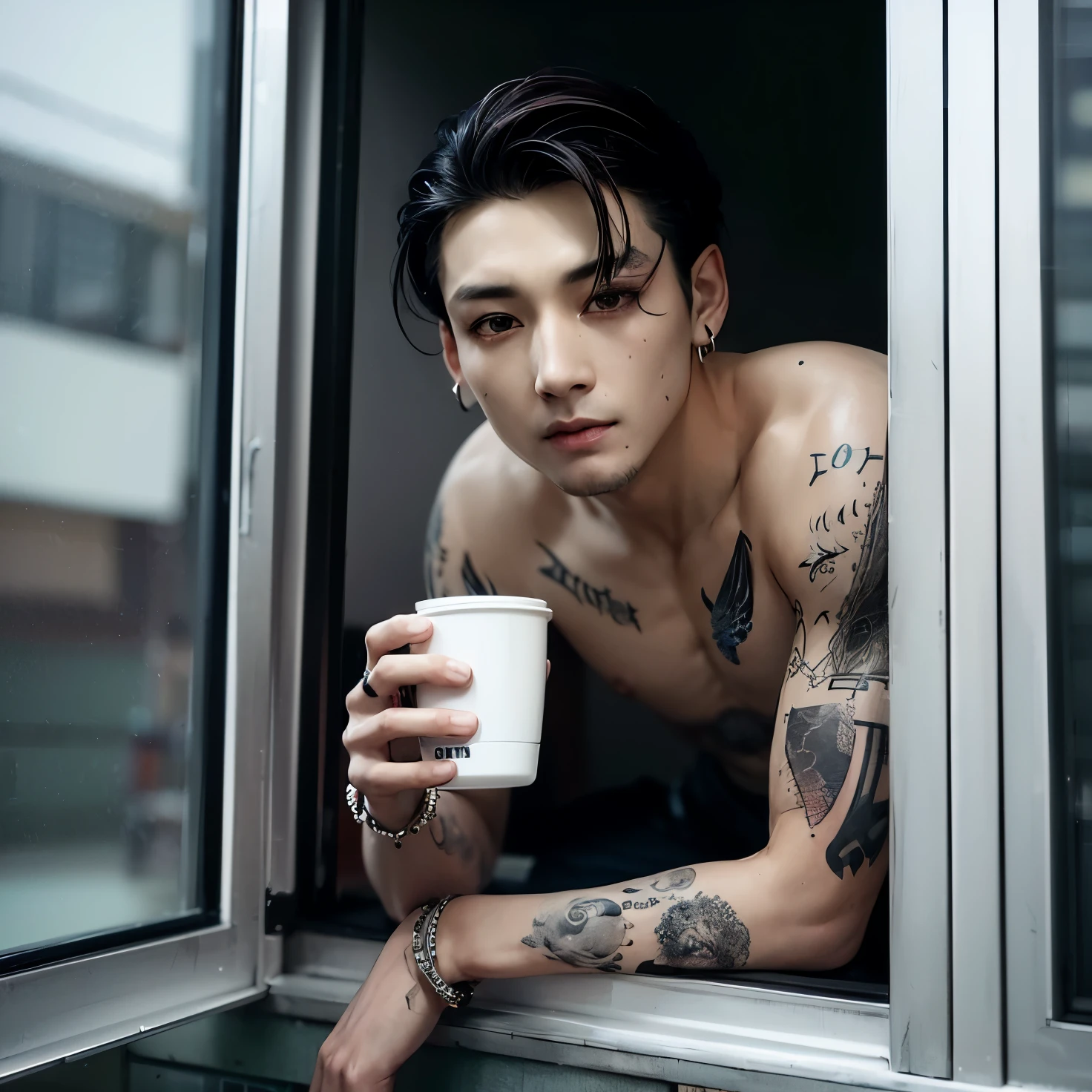 there is a man con tatuajes on his arms and arms holding a cup, cai xukun, handsome japanese demon boy, kim taejin, jungkook, taken in the early 2020s, jungkook, con tatuajes, estilo de jungkook!!!!, foto de brisa kaze, inspirado en jungkook bts