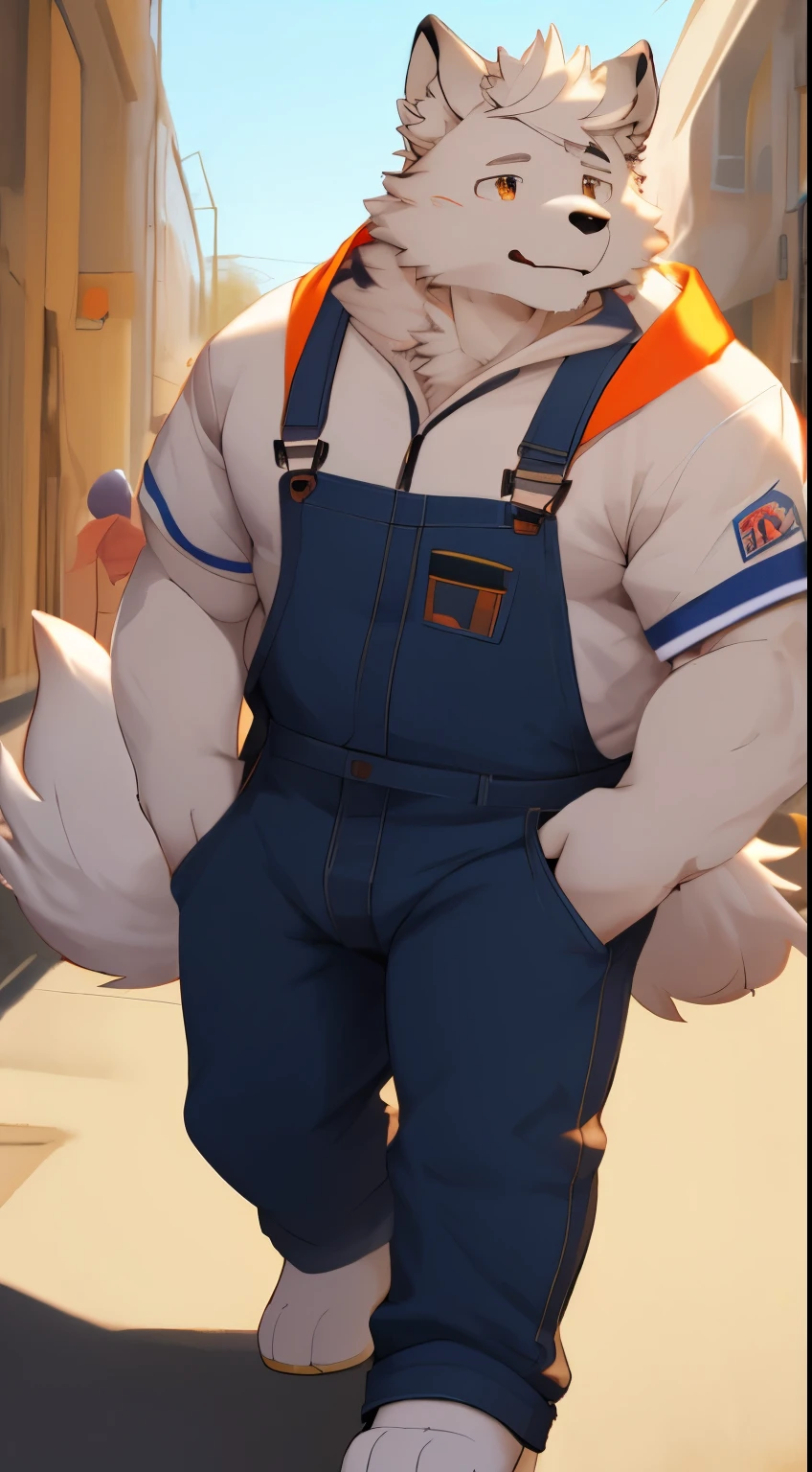 (best quality, 4k, highres, realistic:1.2), samoyed dog，furry, white-haired, thin man, naked, powerful, ultra-clear, young :1.1, black overalls, gold pupils, big eyes:1.1, self-confident, elegance, abdominal muscle, flat brim hat, giant, solitary, sweat, windbreaker, big dick, noticeable abs, urban style, large, looking at the audience, facing the street, windbreaker